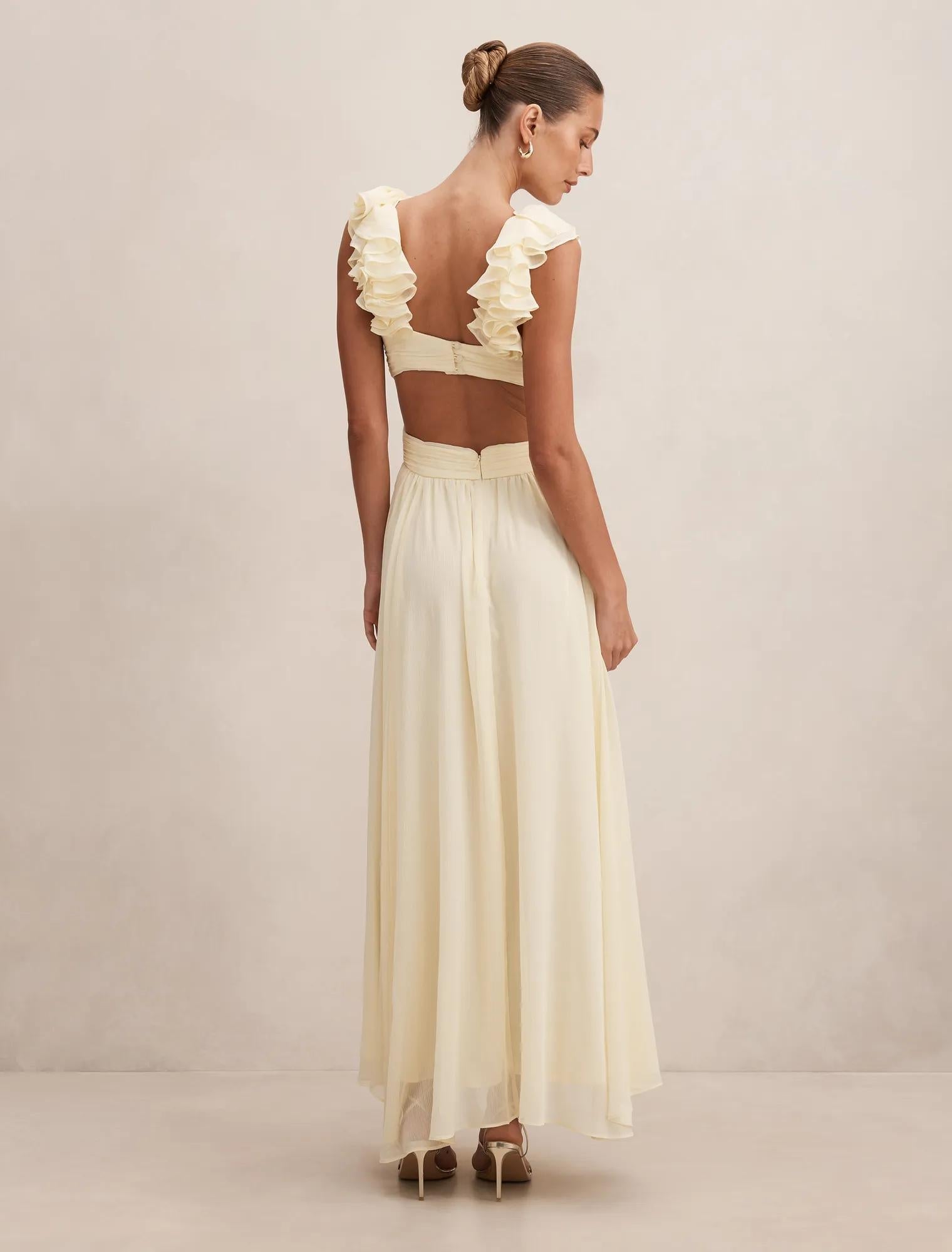 Selena Ruffle Shoulder Maxi Dress Lemon
