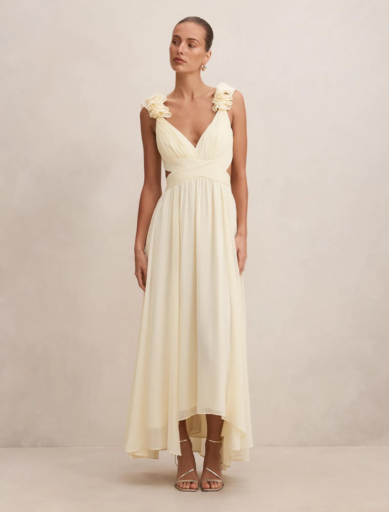 Selena Ruffle Shoulder Maxi Dress Lemon