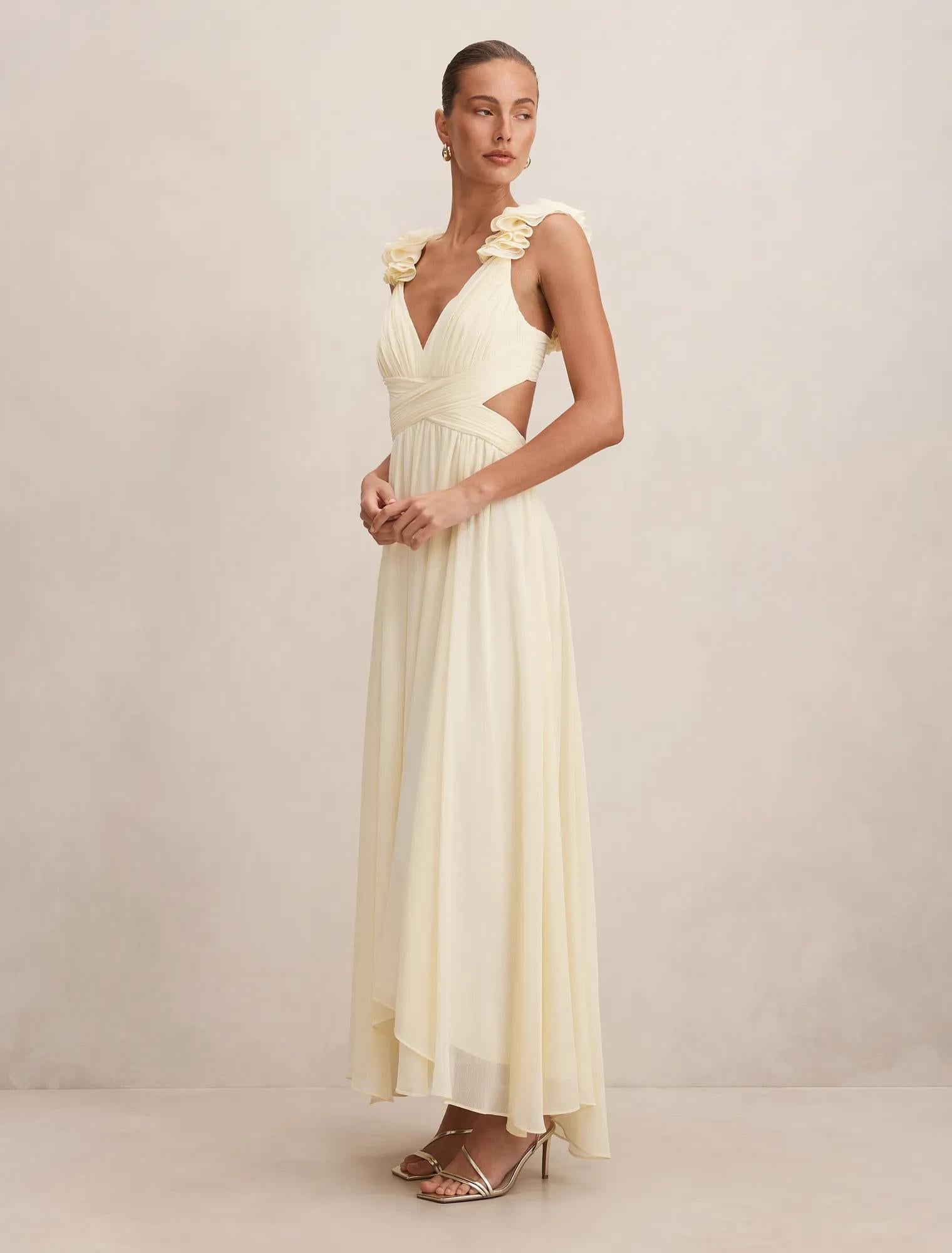 Selena Ruffle Shoulder Maxi Dress Lemon