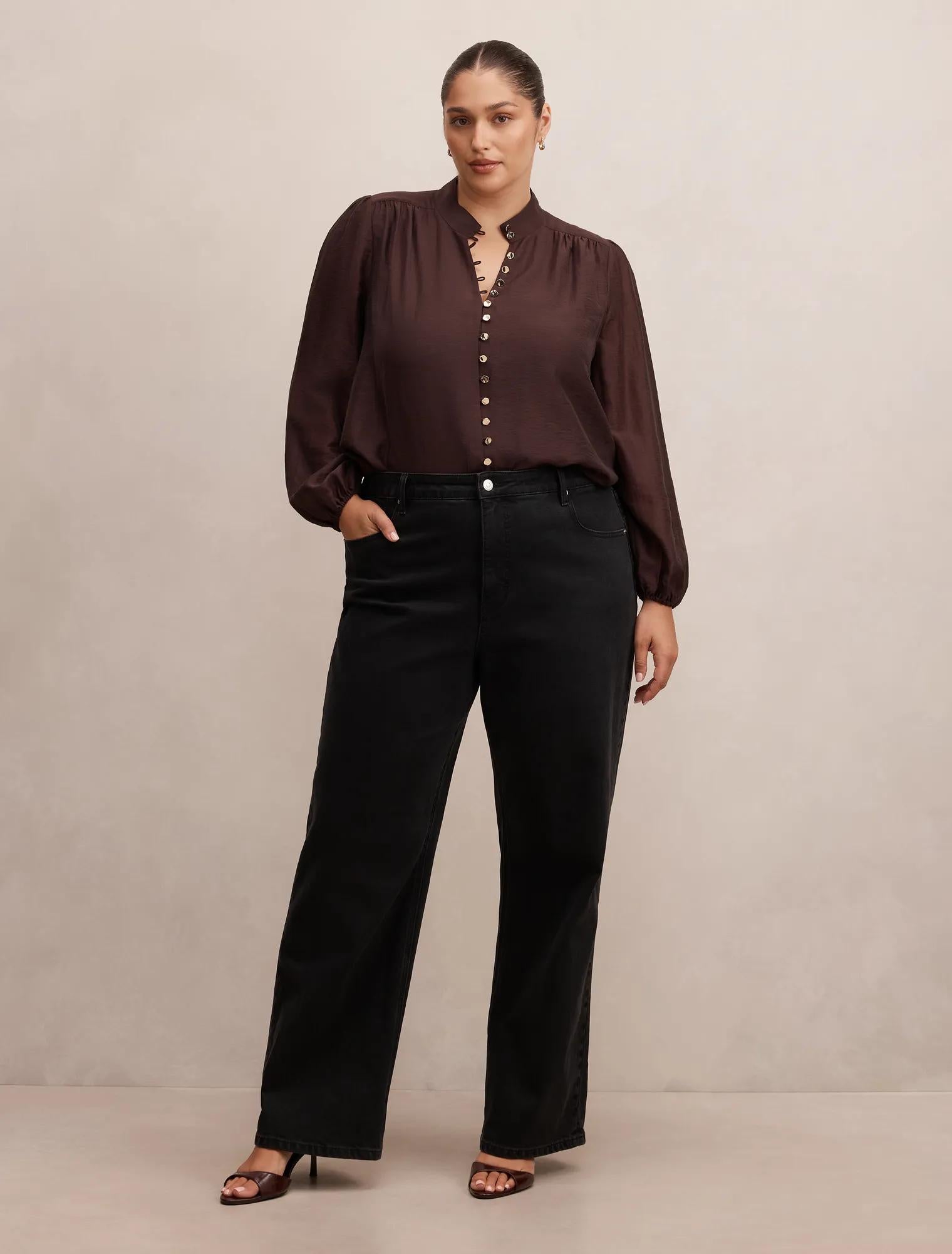 Amelia Curve Printed Button Down Blouse Chocolate