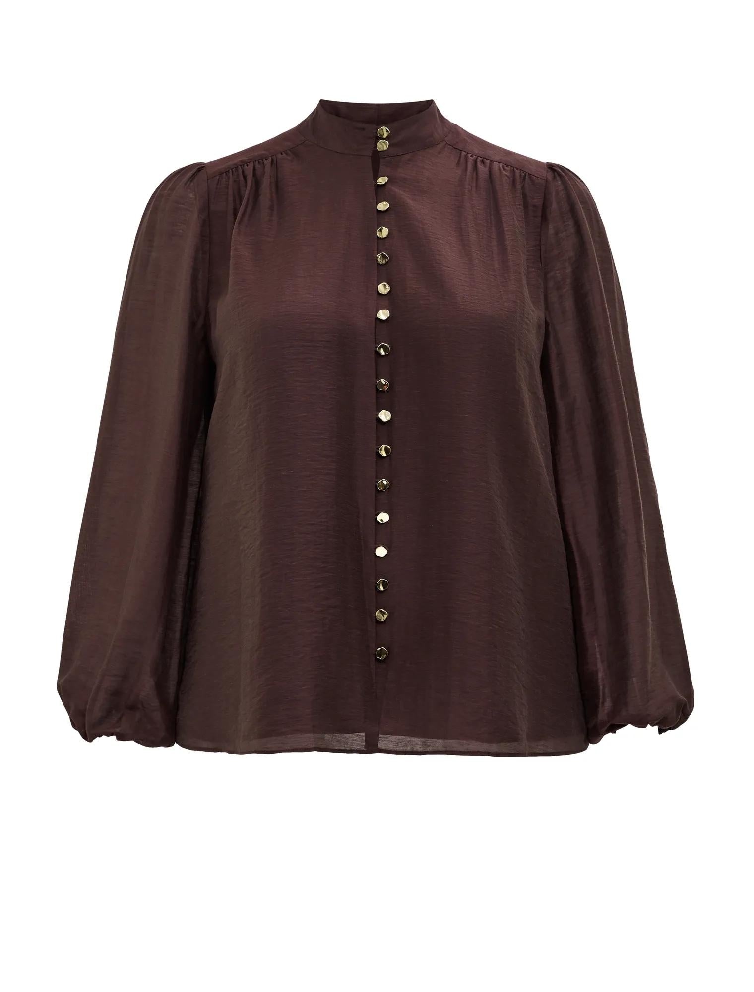 Amelia Curve Printed Button Down Blouse Chocolate
