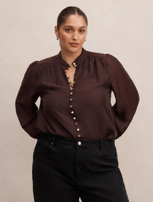 Amelia Curve Printed Button Down Blouse Chocolate
