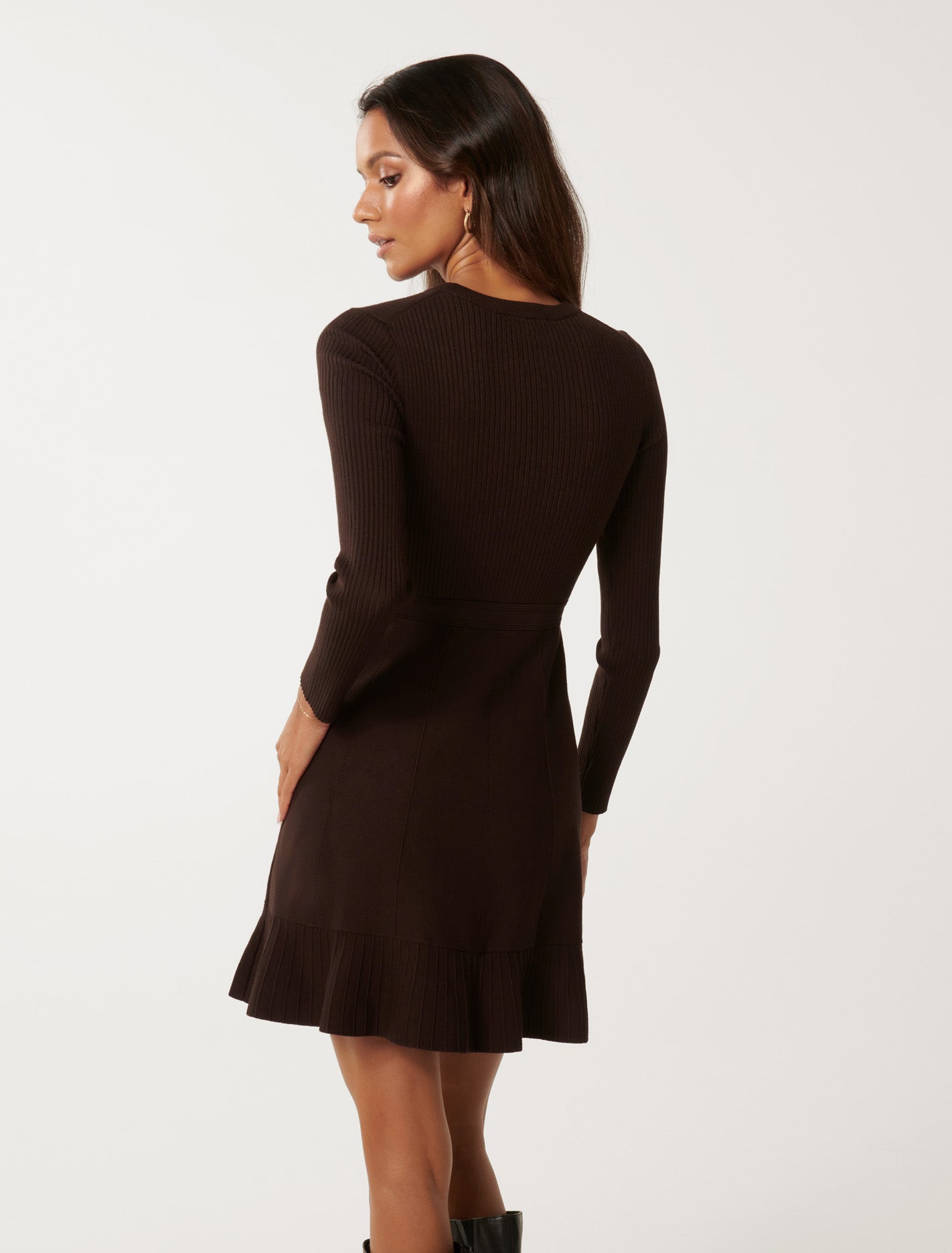 Cleo Petite Long-Sleeve Mini Knit Dress Dark Chocolate