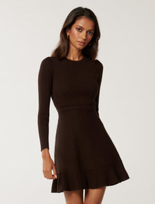 Cleo Petite Long-Sleeve Mini Knit Dress Dark Chocolate