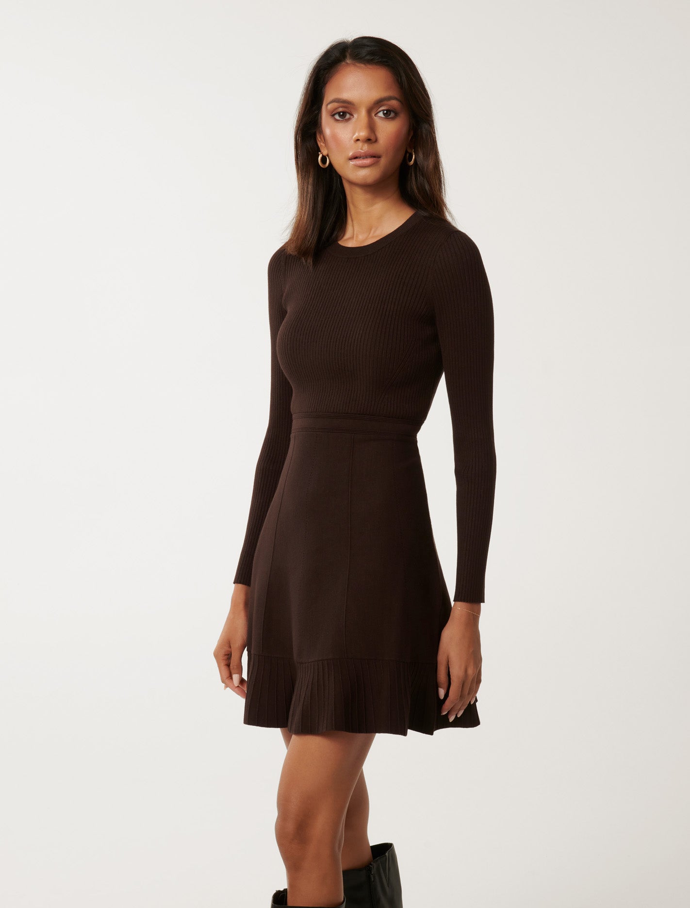 Cleo Petite Long-Sleeve Mini Knit Dress Dark Chocolate