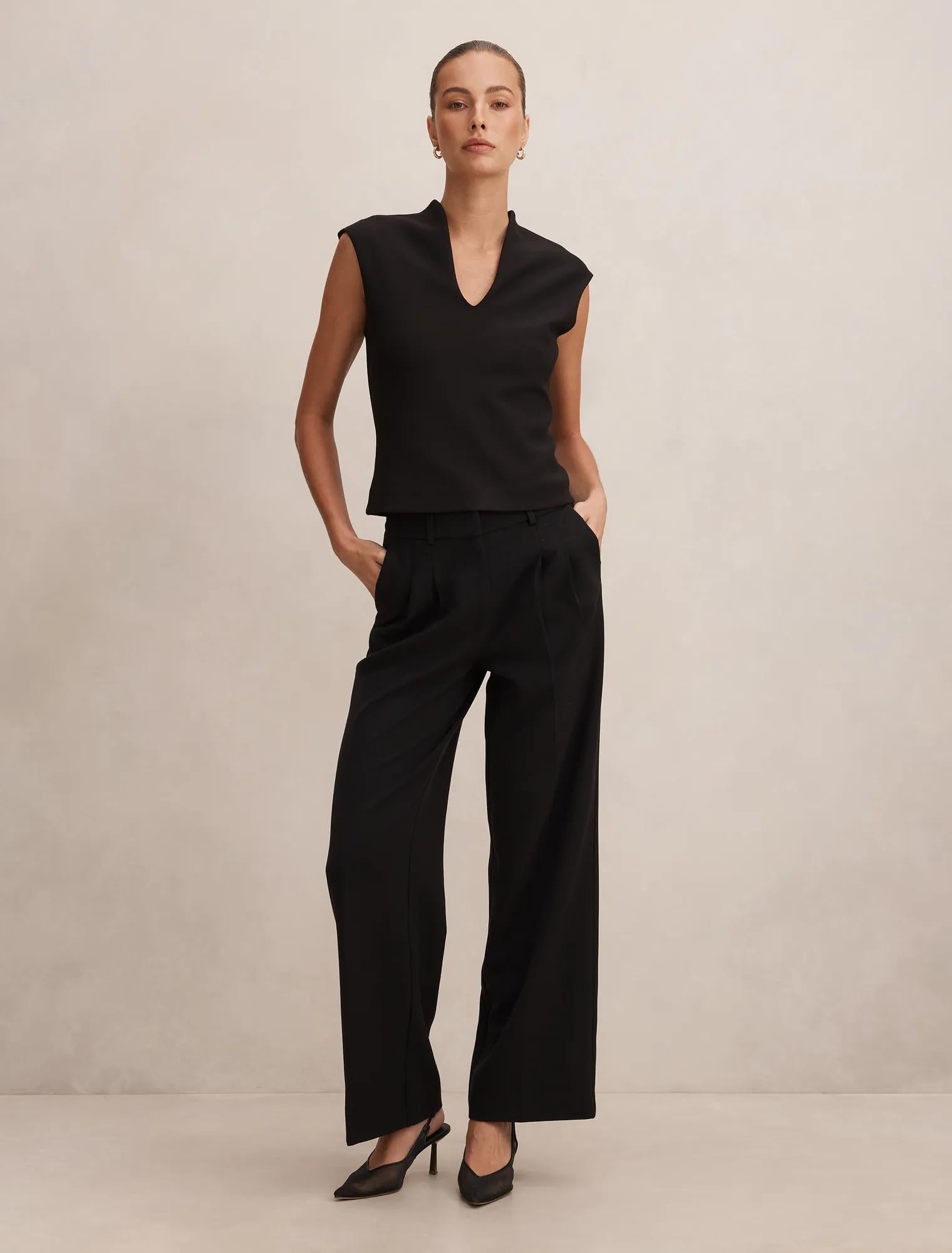 Eva Pleat Wide Leg Pants Black