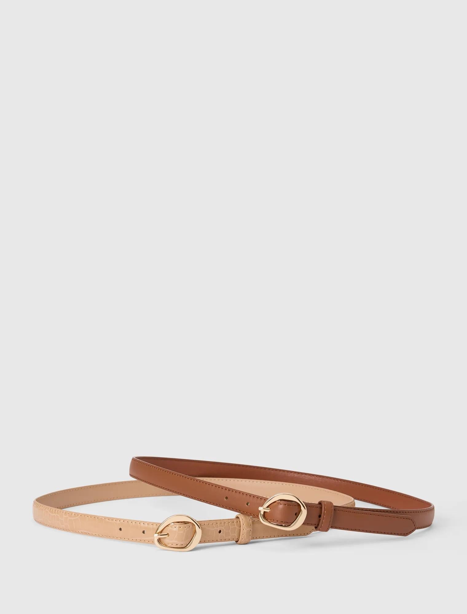 Ali 2-Pack Abstract Buckle Belt Nude Croc/Chocolate