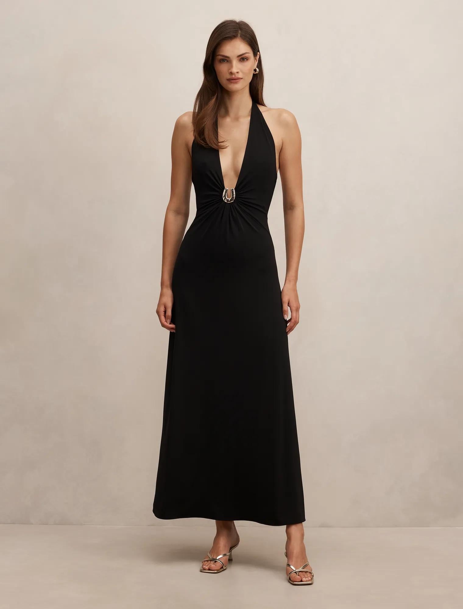 Behati Jersey Halter Midi Dress Black