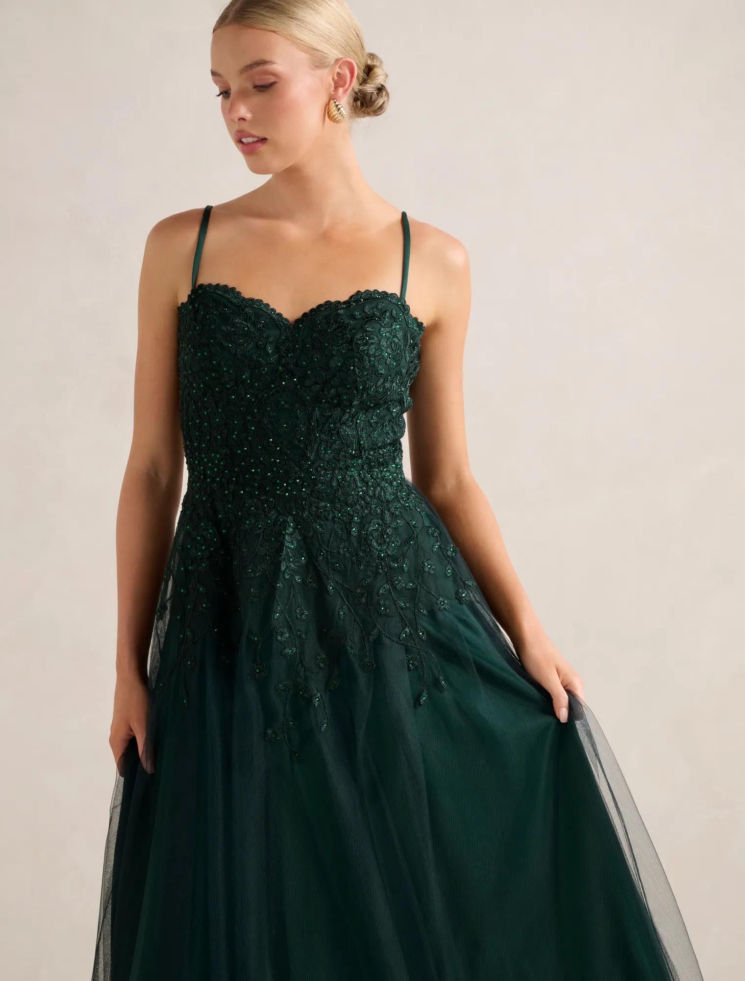 Kaia Tulle Strappy Gown Hunter Green