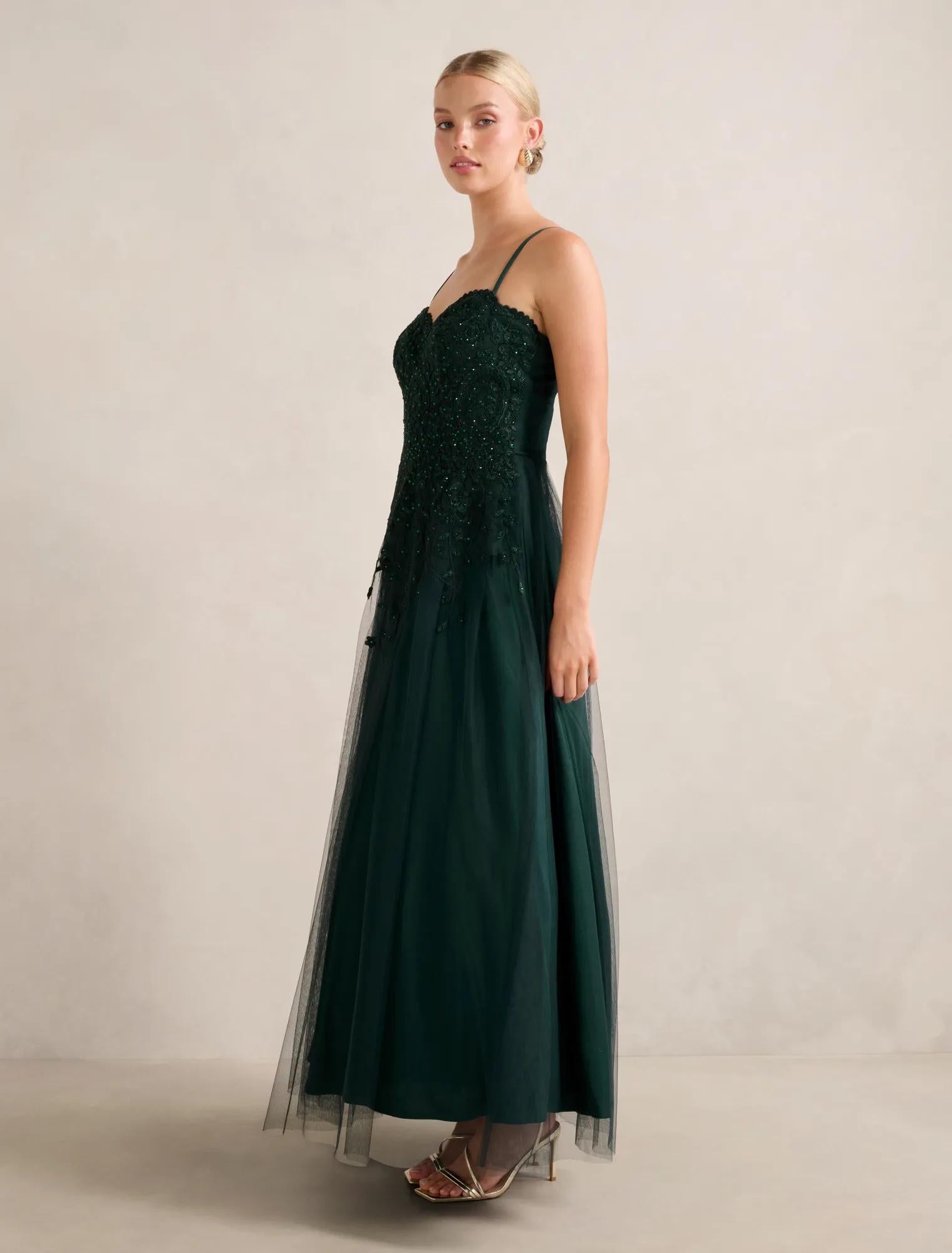 Kaia Tulle Strappy Gown Hunter Green