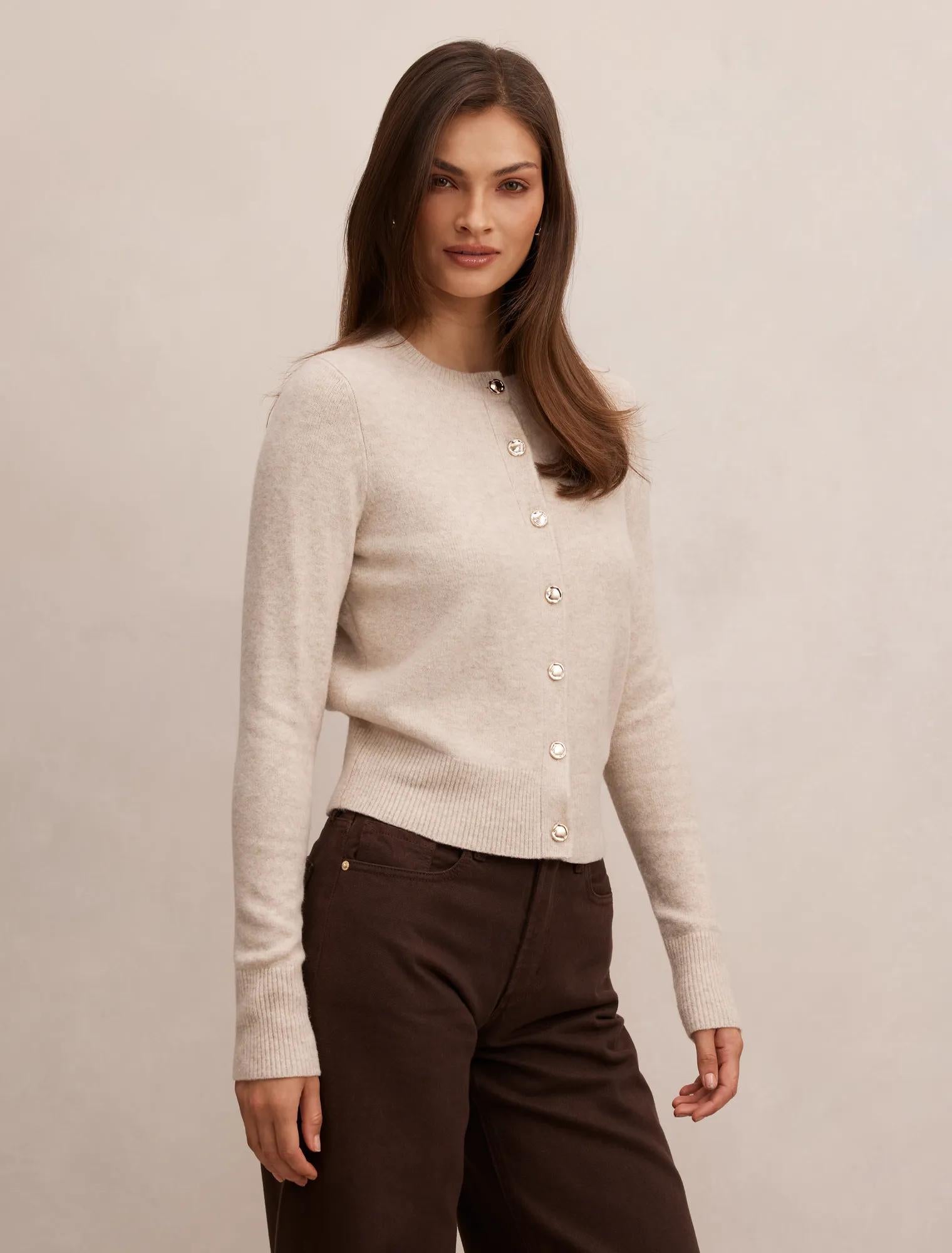 May Crew Neck Cardigan Soft Oatmeal