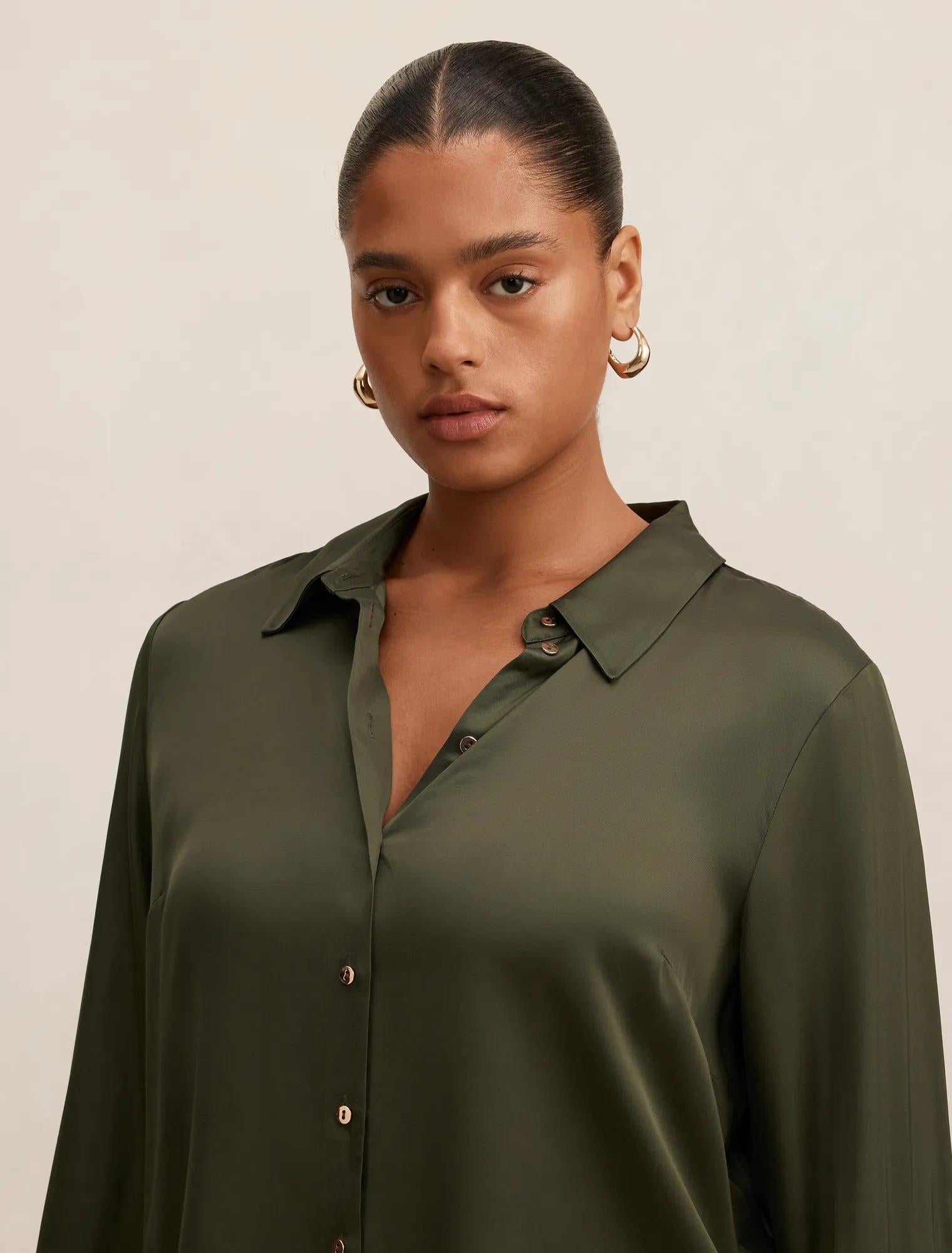 Coco Curve Satin Shirt Deep Khaki