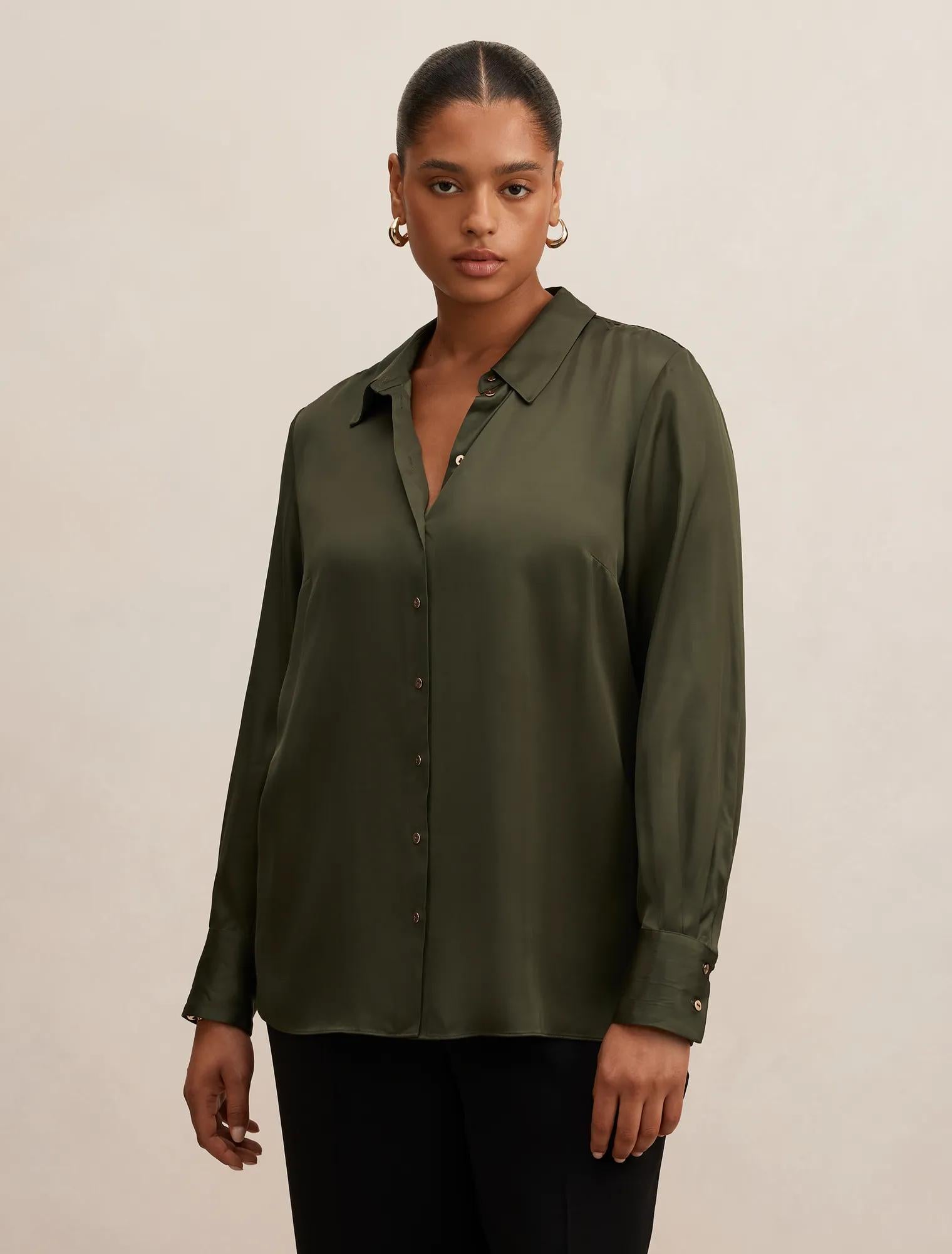 Coco Curve Satin Shirt Deep Khaki