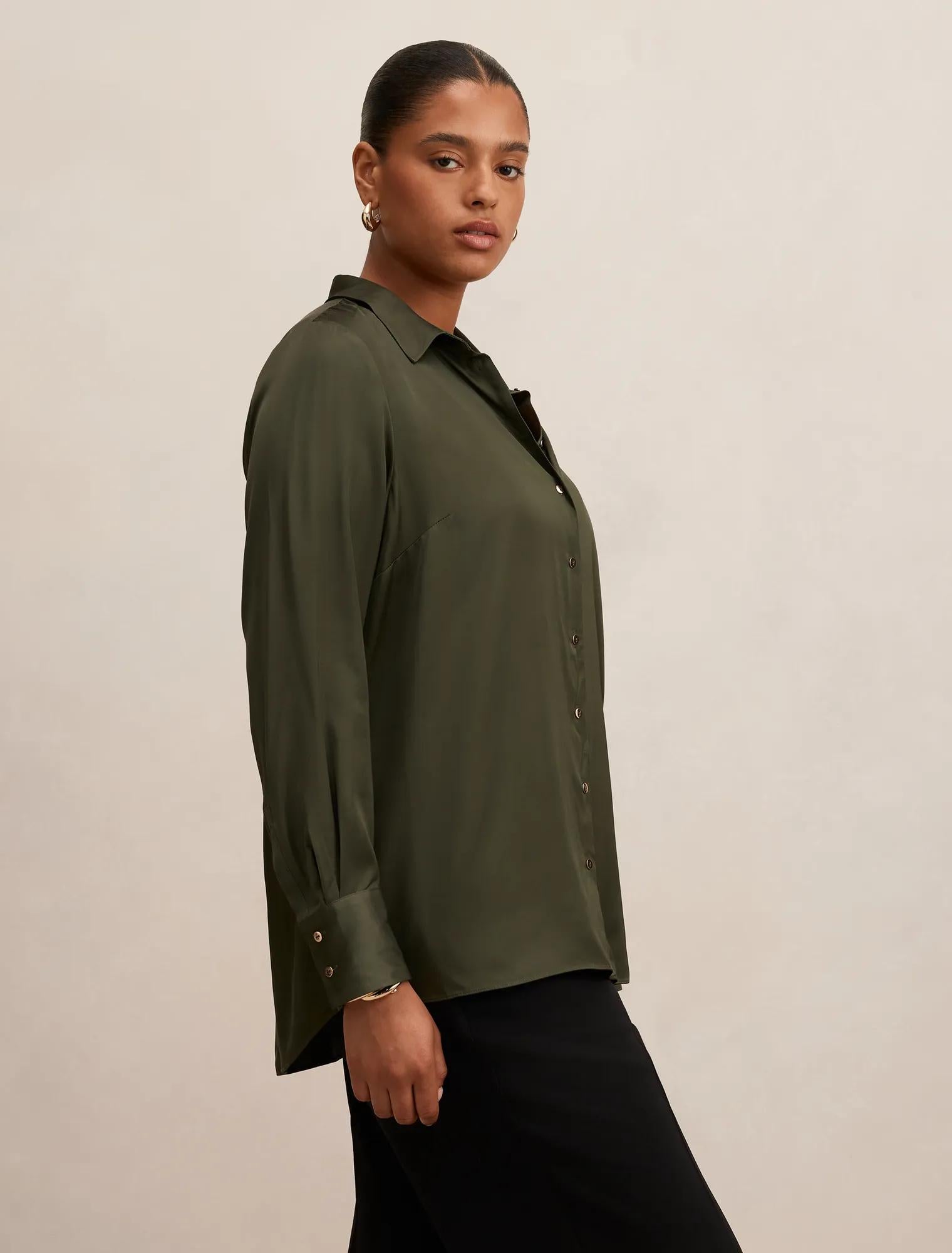 Coco Curve Satin Shirt Deep Khaki