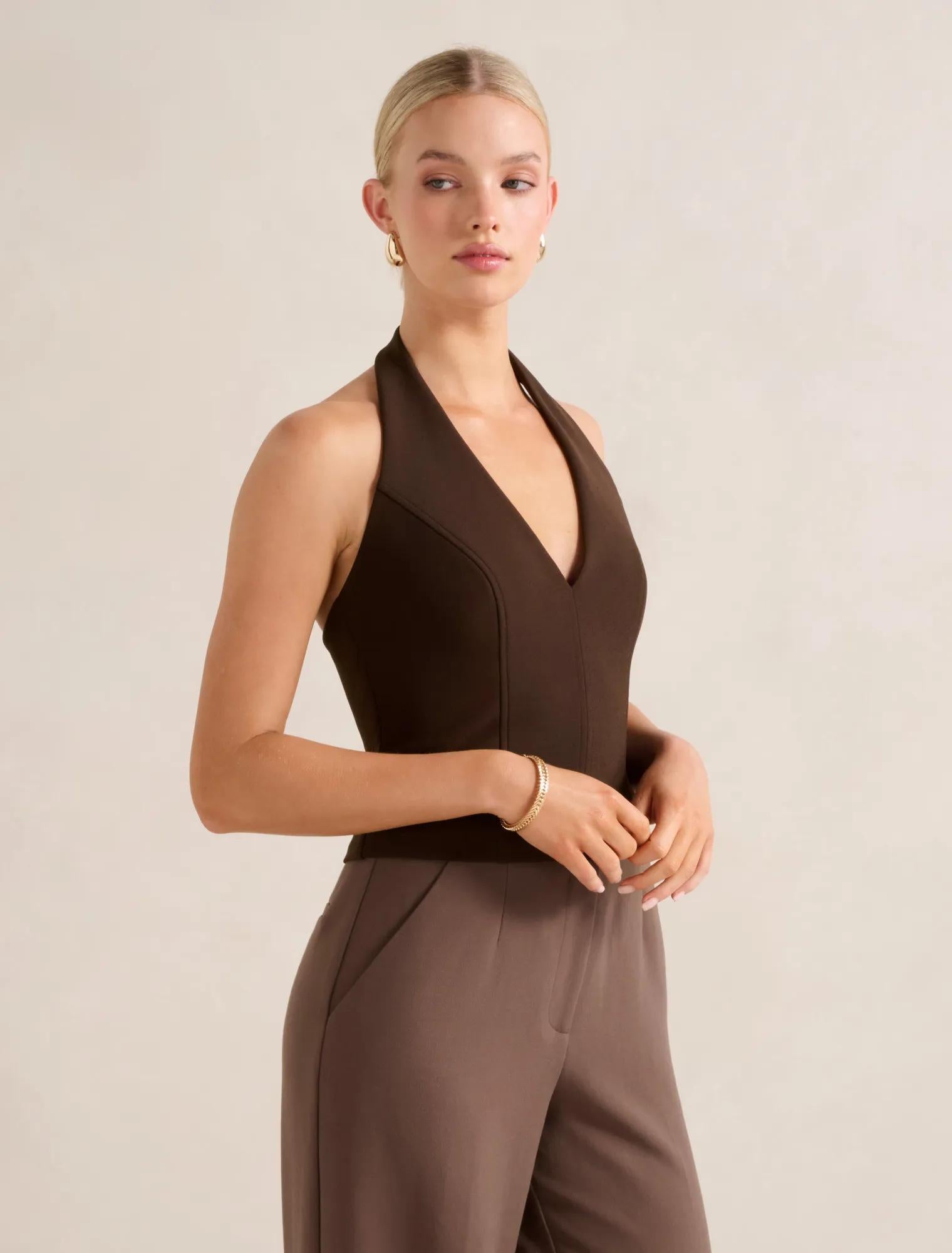 Elena Halter Stitch Top Chocolate
