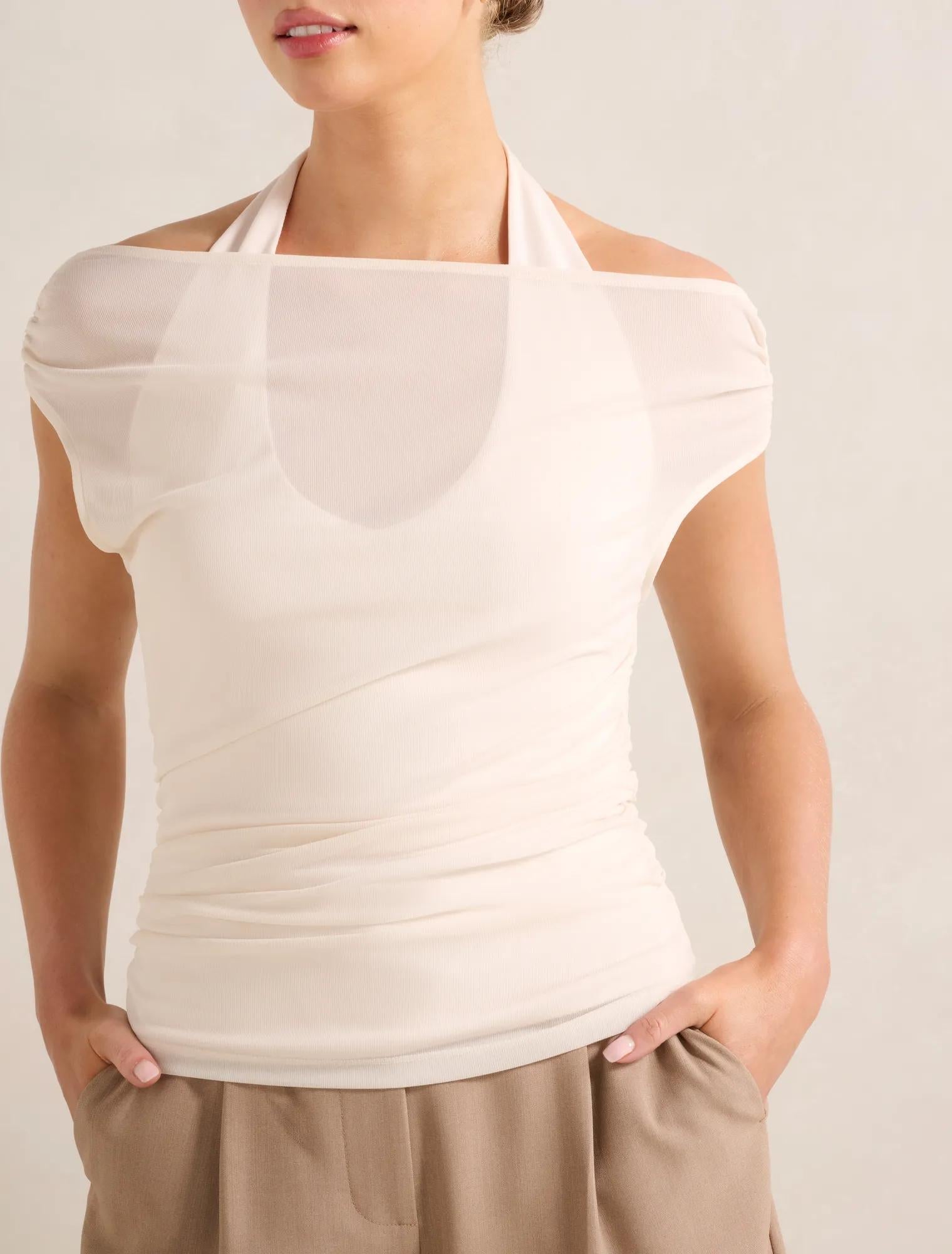 Aria Tipped Mesh Halter Top Chai