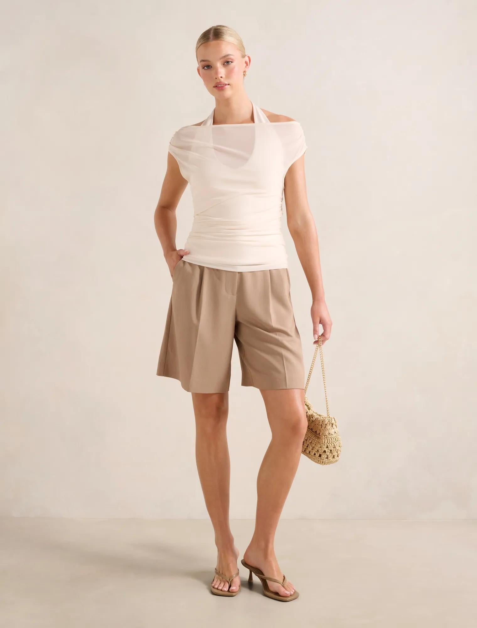 Aria Tipped Mesh Halter Top Chai