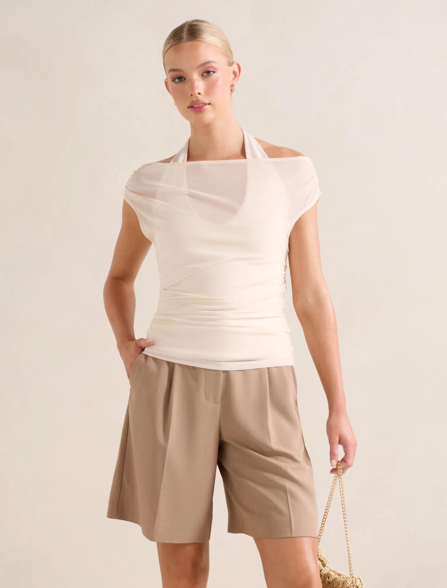 Aria Tipped Mesh Halter Top Chai