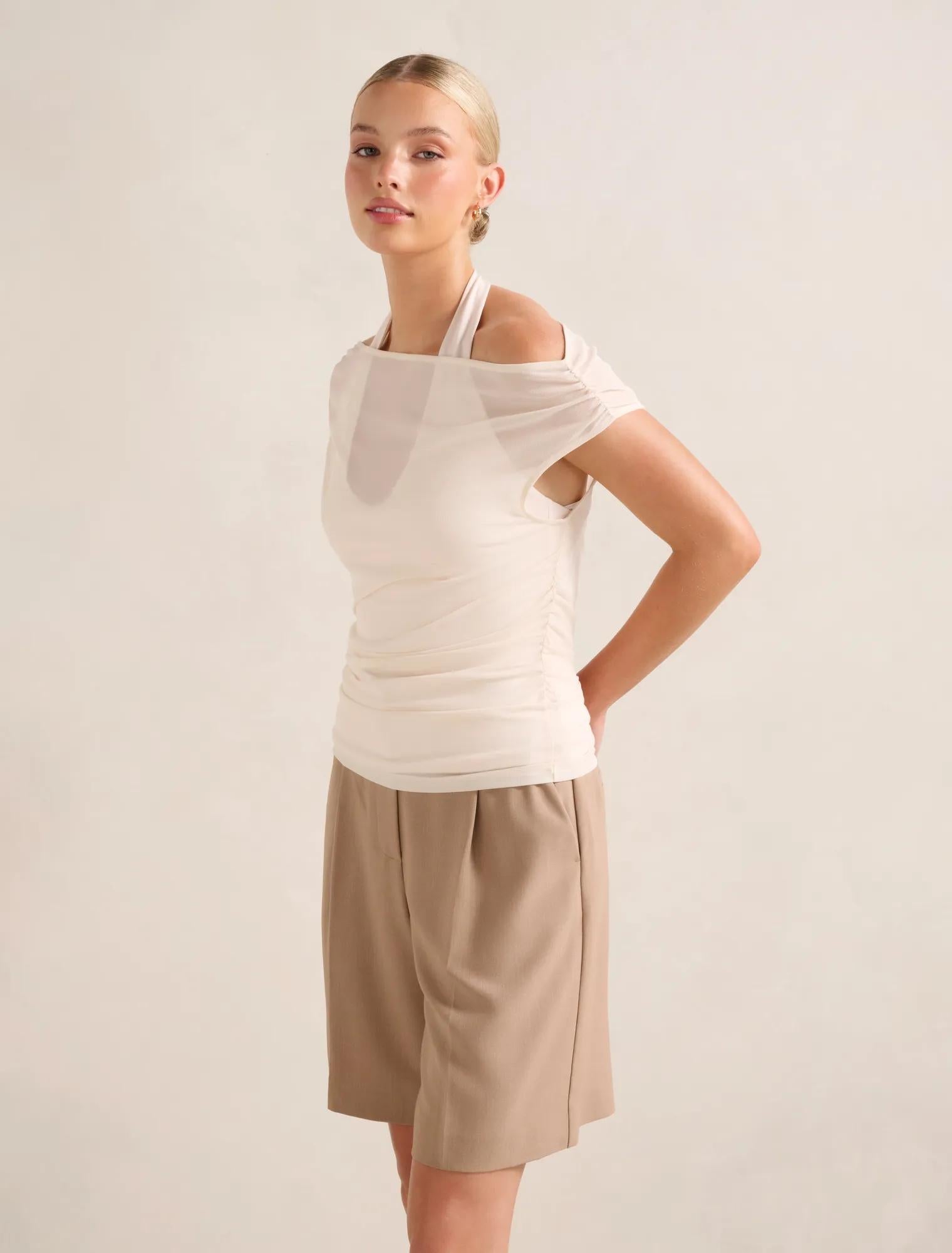 Aria Tipped Mesh Halter Top Chai