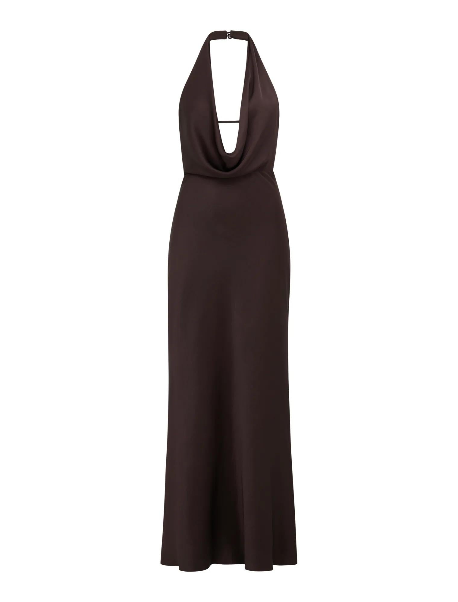 Becca Cowl Halter Satin Gown Dark Chocolate_mannequin
