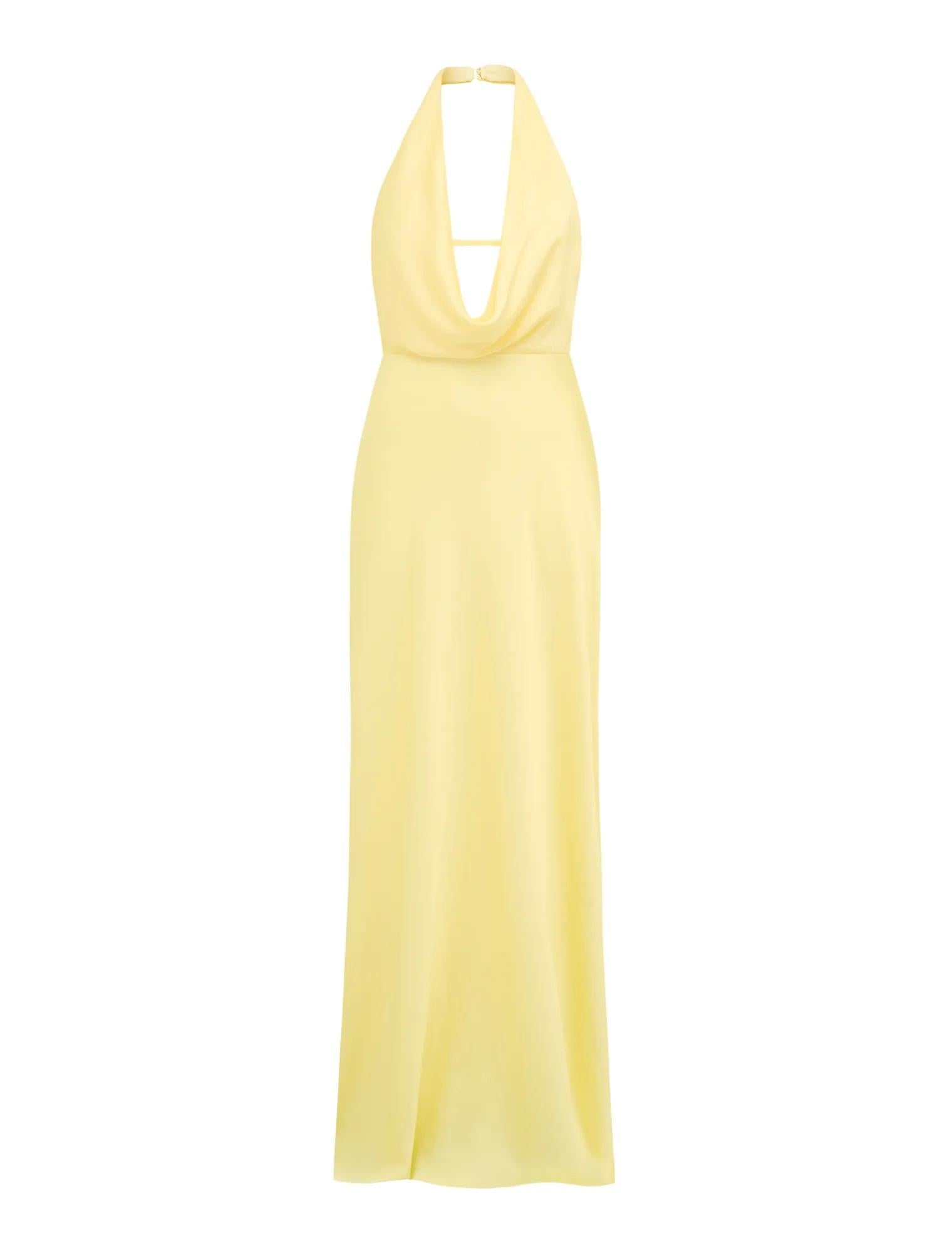Becca Cowl Halter Satin Gown Soft Yellow_mannequin