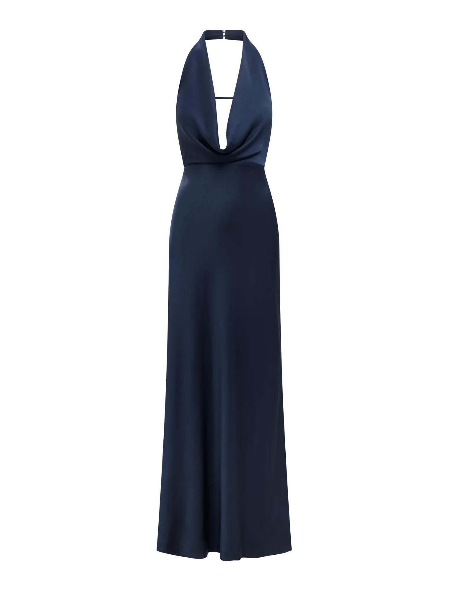 Becca Cowl Halter Satin Gown Navy
