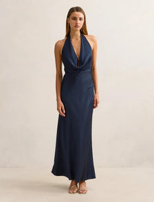 Becca Cowl Halter Satin Gown Navy