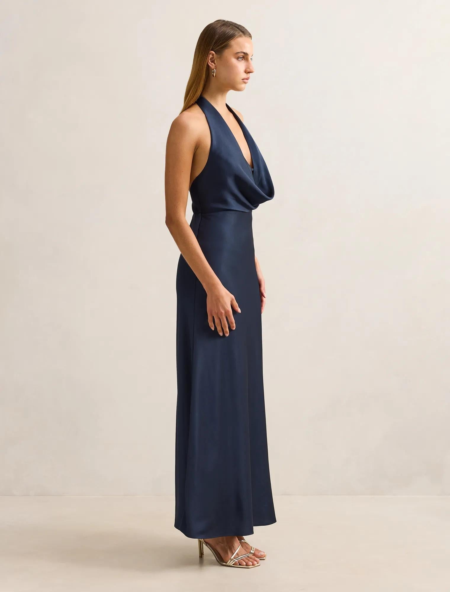 Becca Cowl Halter Satin Gown Navy
