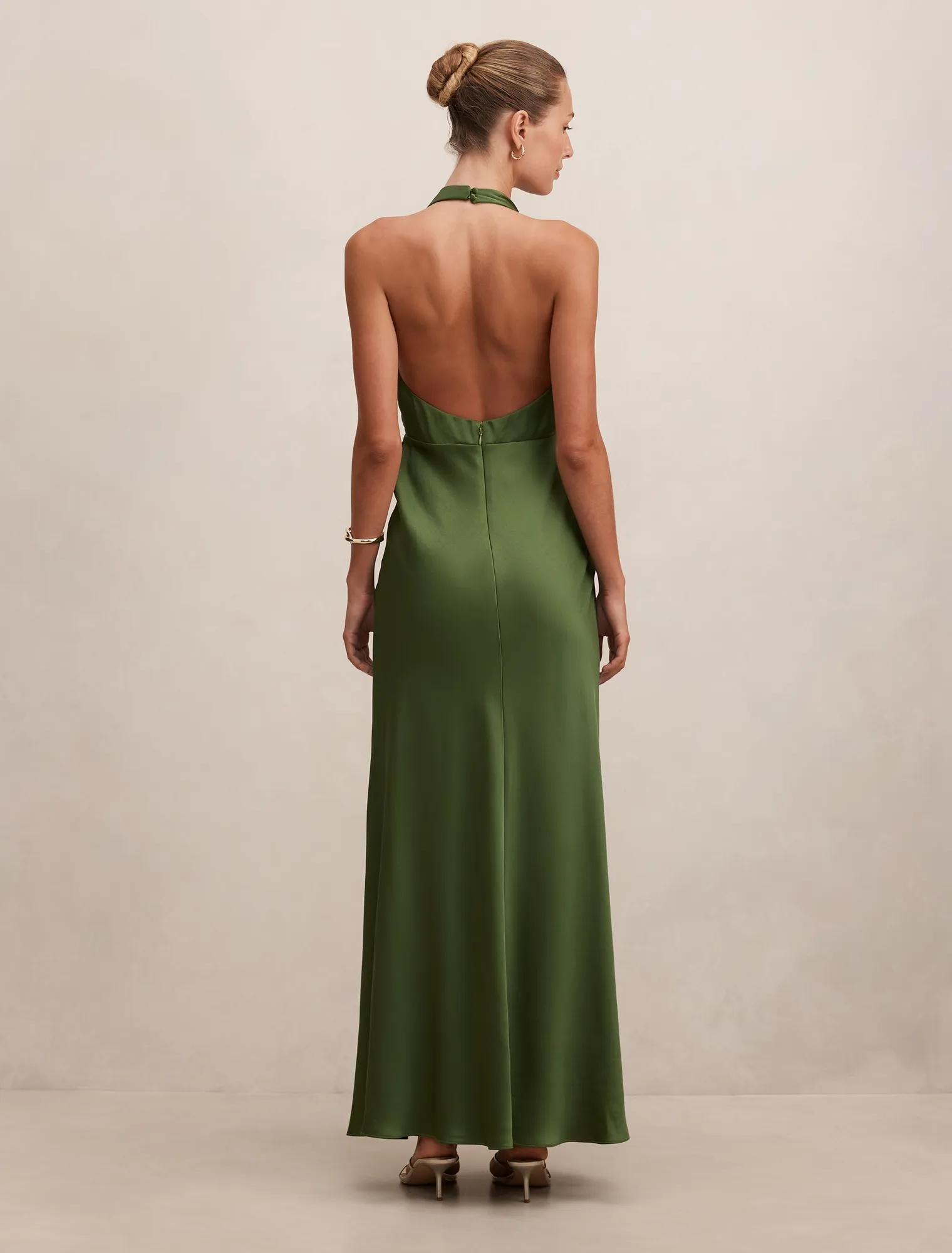 Becca Cowl Halter Satin Gown Stone Green