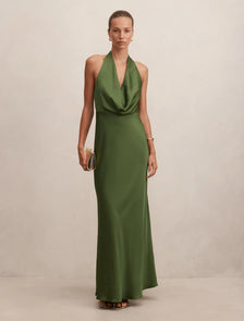 Becca Cowl Halter Satin Gown Stone Green