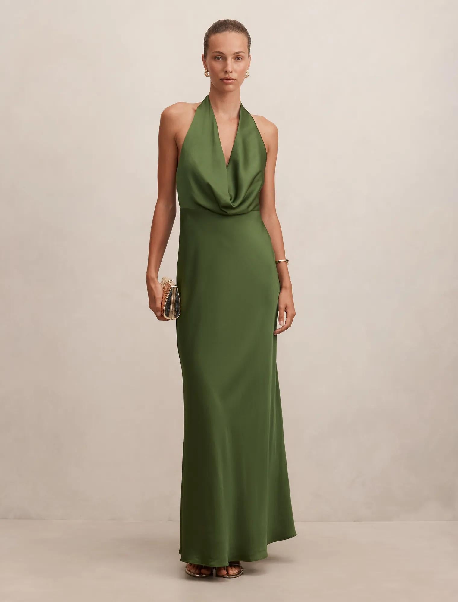 Becca Cowl Halter Satin Gown Stone Green