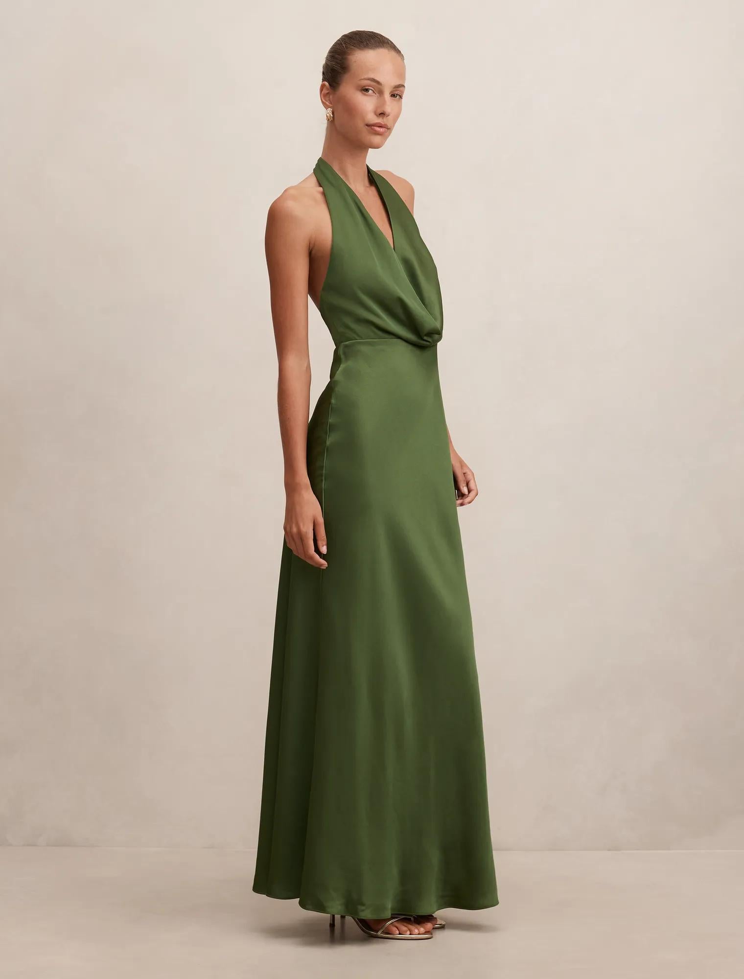 Becca Cowl Halter Satin Gown Stone Green
