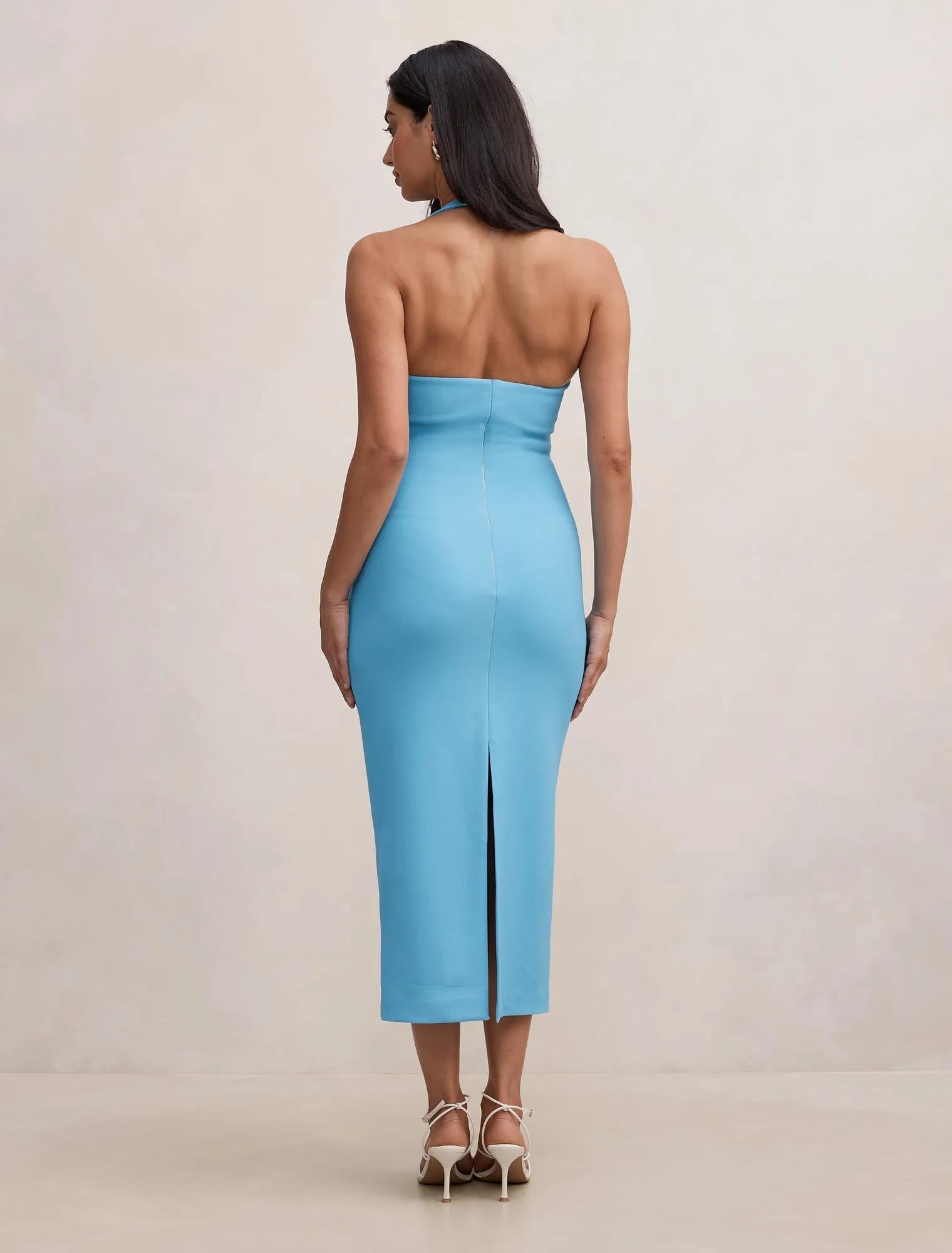 Georgie Halter Ruched Bodycon Dress Blue Mist