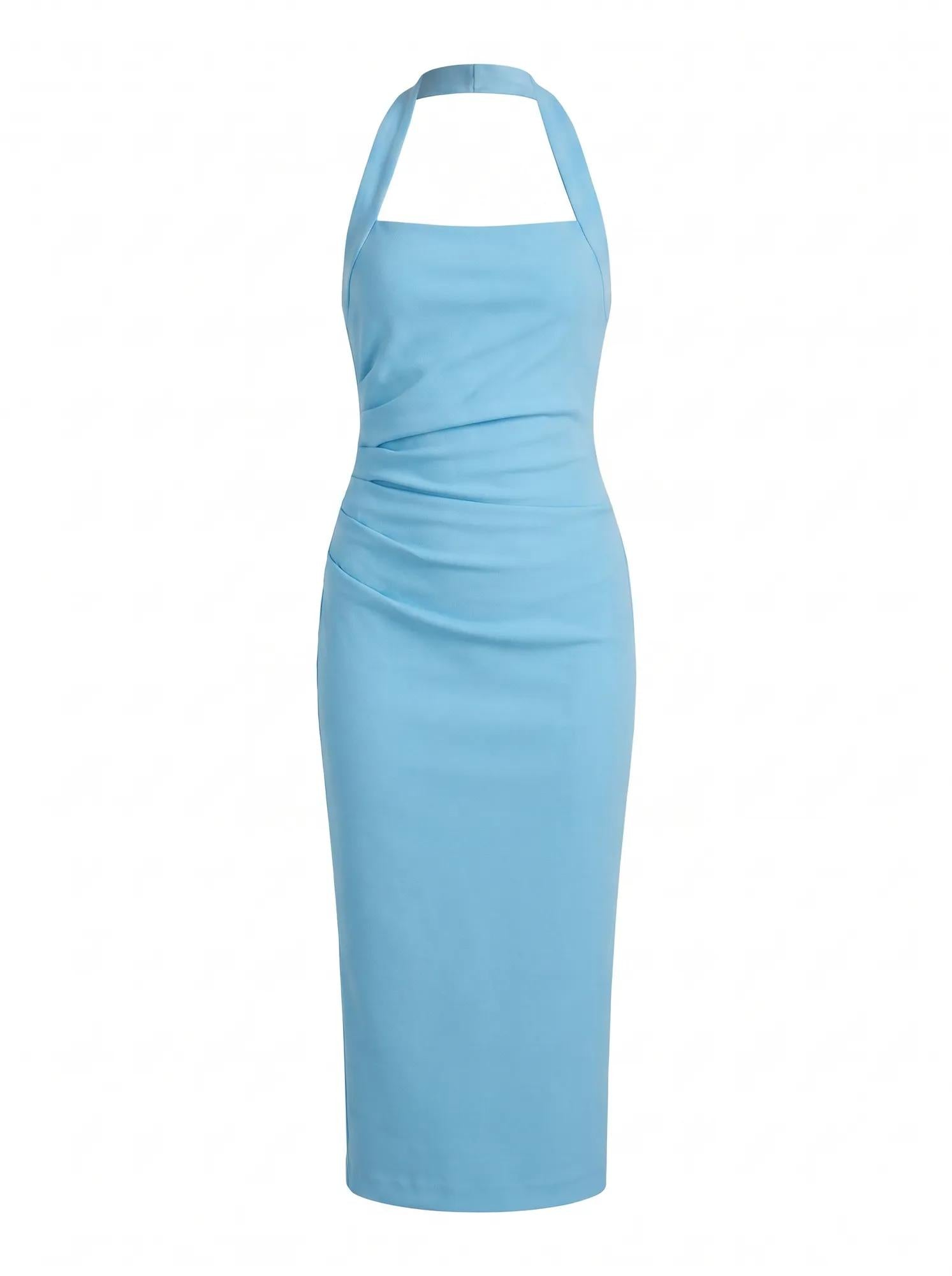 Georgie Halter Ruched Bodycon Dress Blue Mist