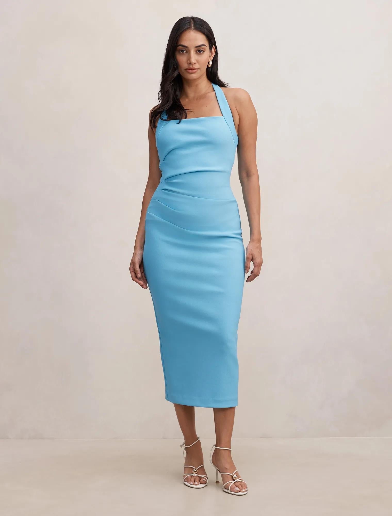 Georgie Halter Ruched Bodycon Dress Blue Mist