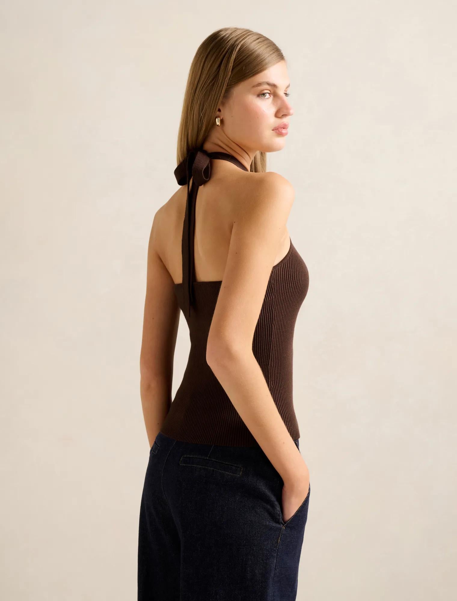 Tara Beaded Halter Neck Top Chocolate