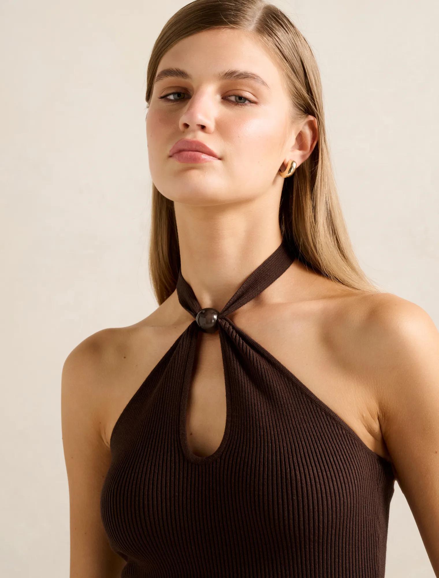 Tara Beaded Halter Neck Top Chocolate