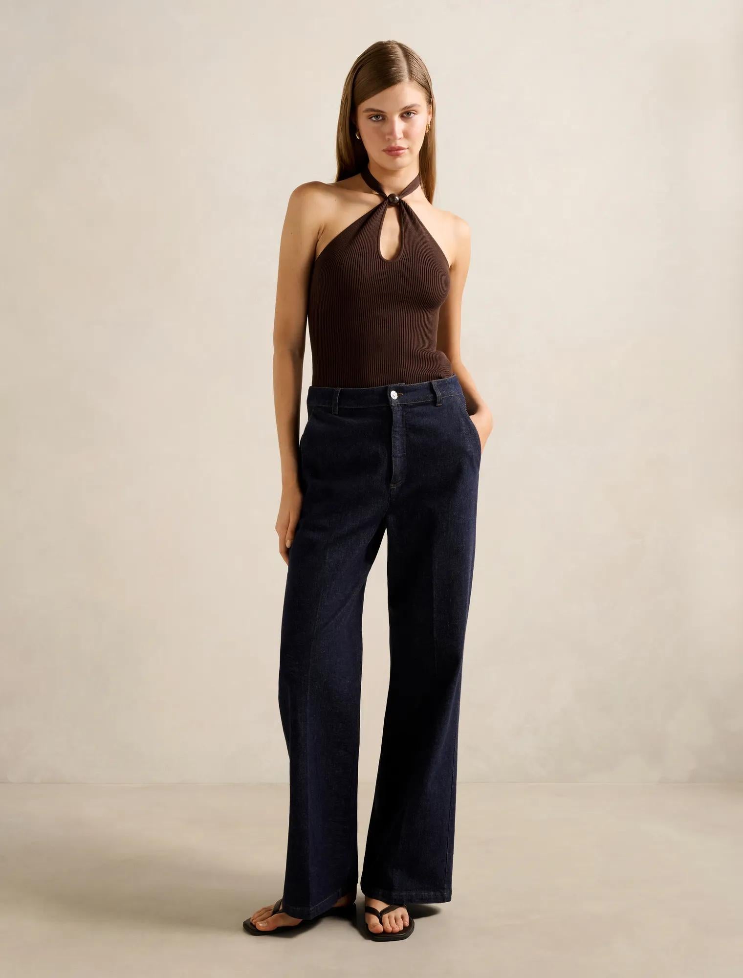 Tara Beaded Halter Neck Top Chocolate