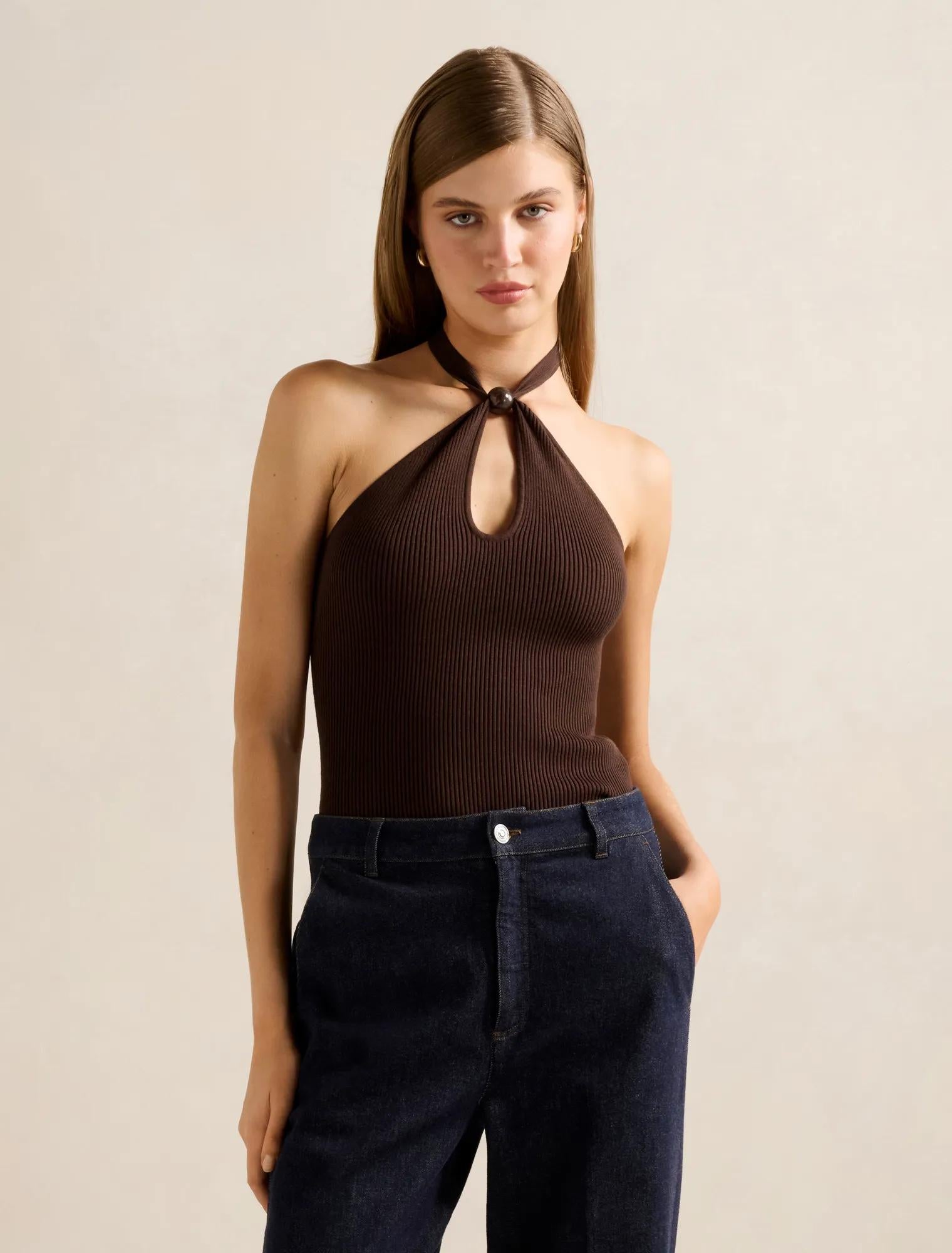 Tara Beaded Halter Neck Top Chocolate