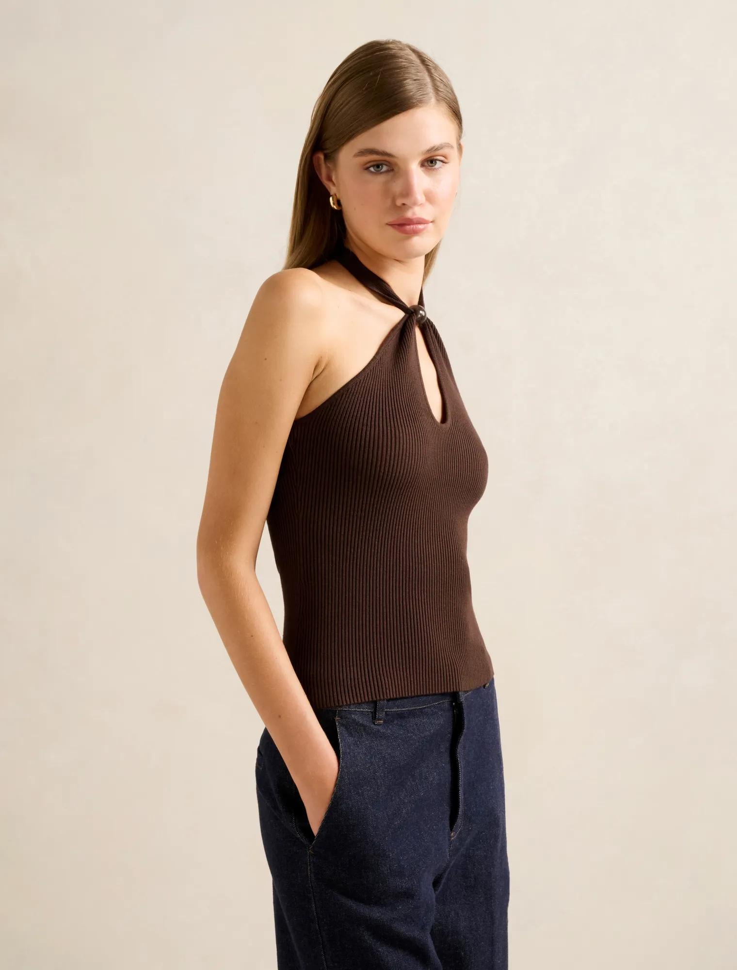 Tara Beaded Halter Neck Top Chocolate