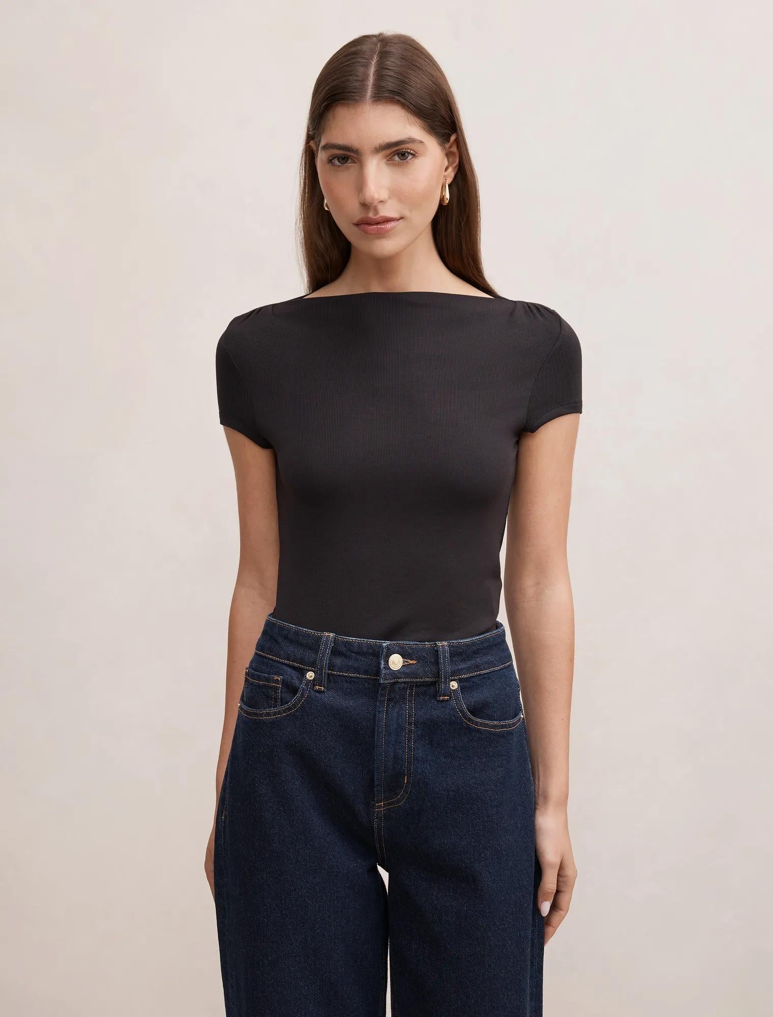 Andie Boat Neck Baby Tee Black