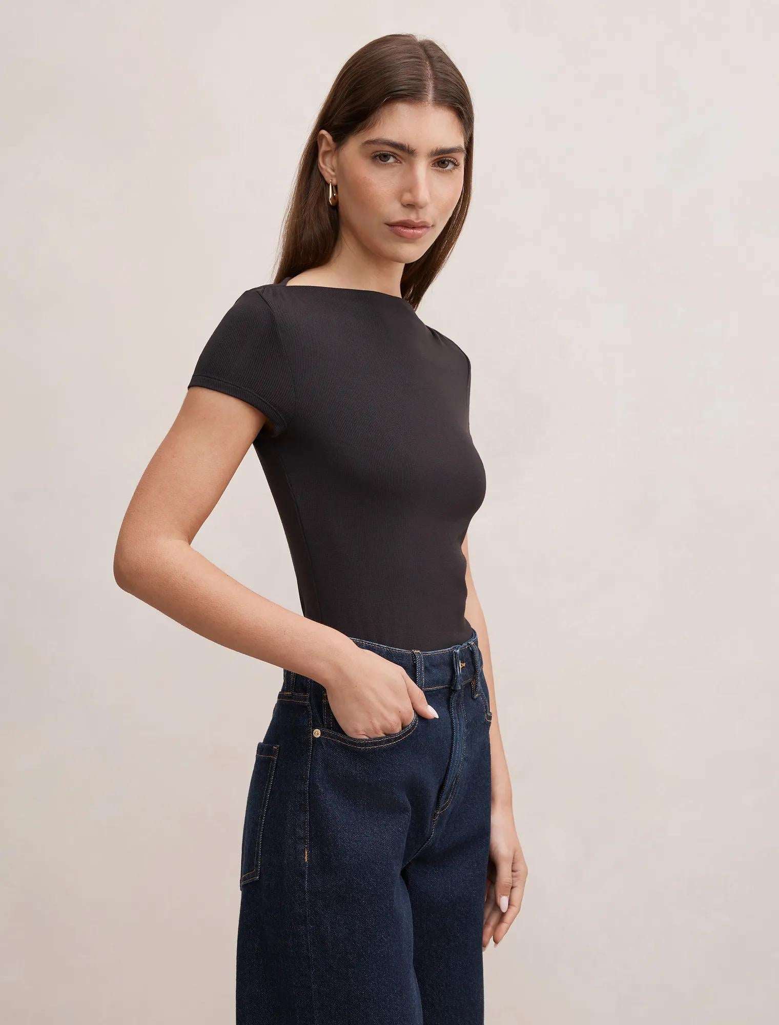 Andie Boat Neck Baby Tee Black