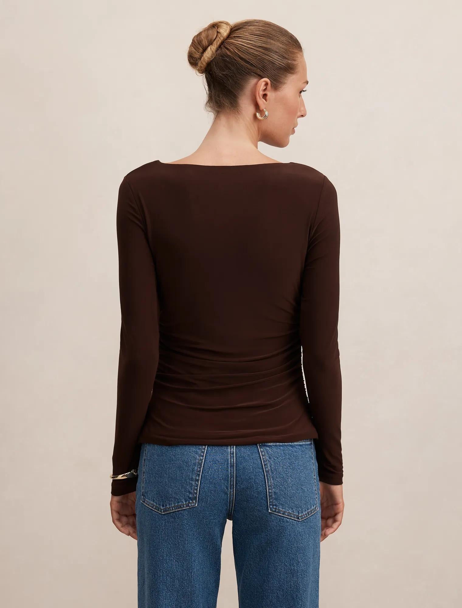 Monica Ruched Boat Neck Top Chocolate