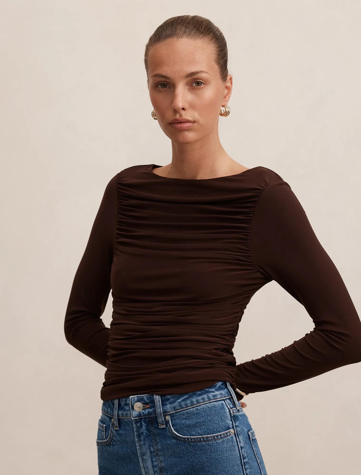 Monica Ruched Boat Neck Top Chocolate