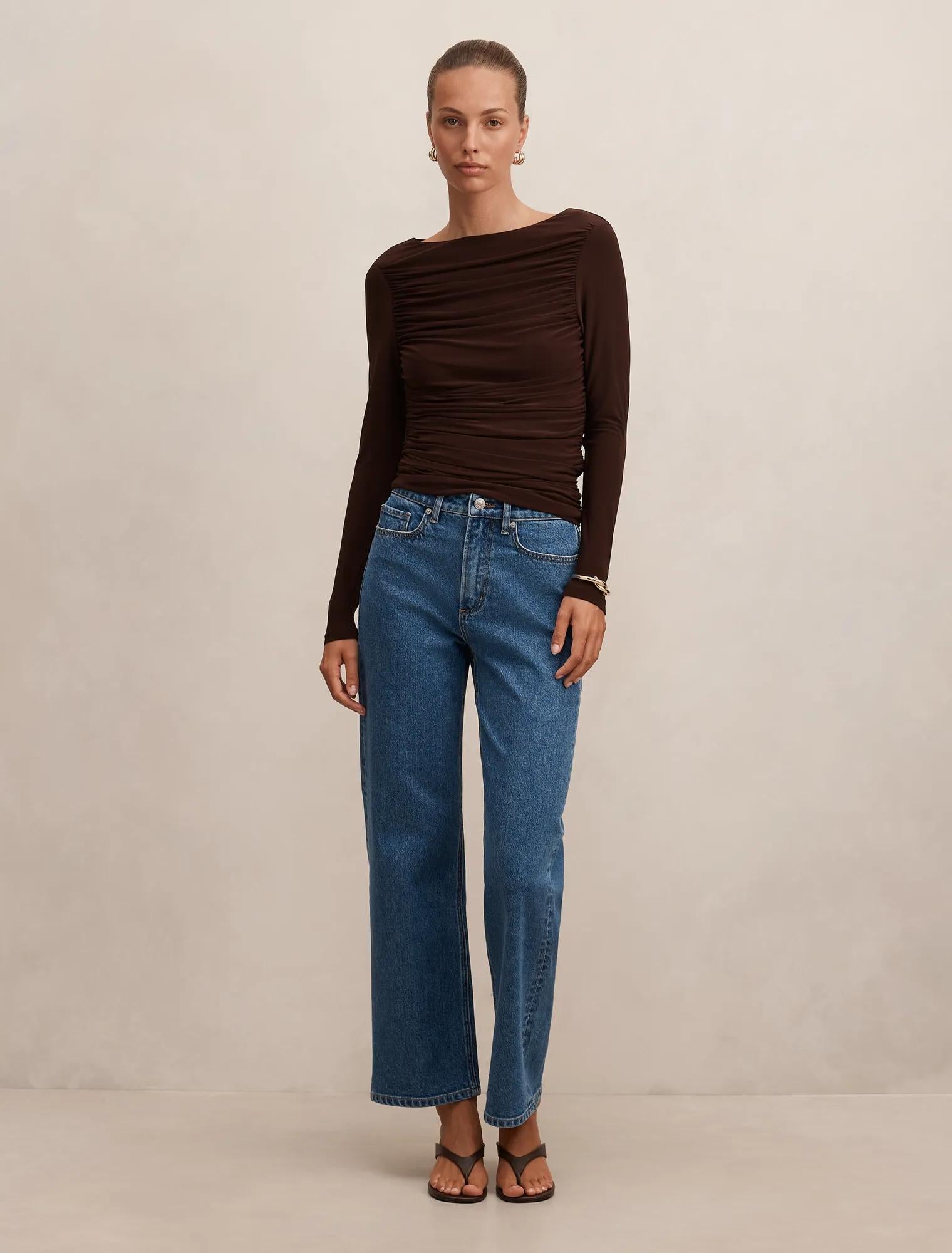 Monica Ruched Boat Neck Top Chocolate