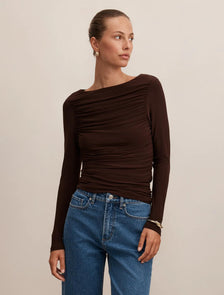 Monica Ruched Boat Neck Top Chocolate