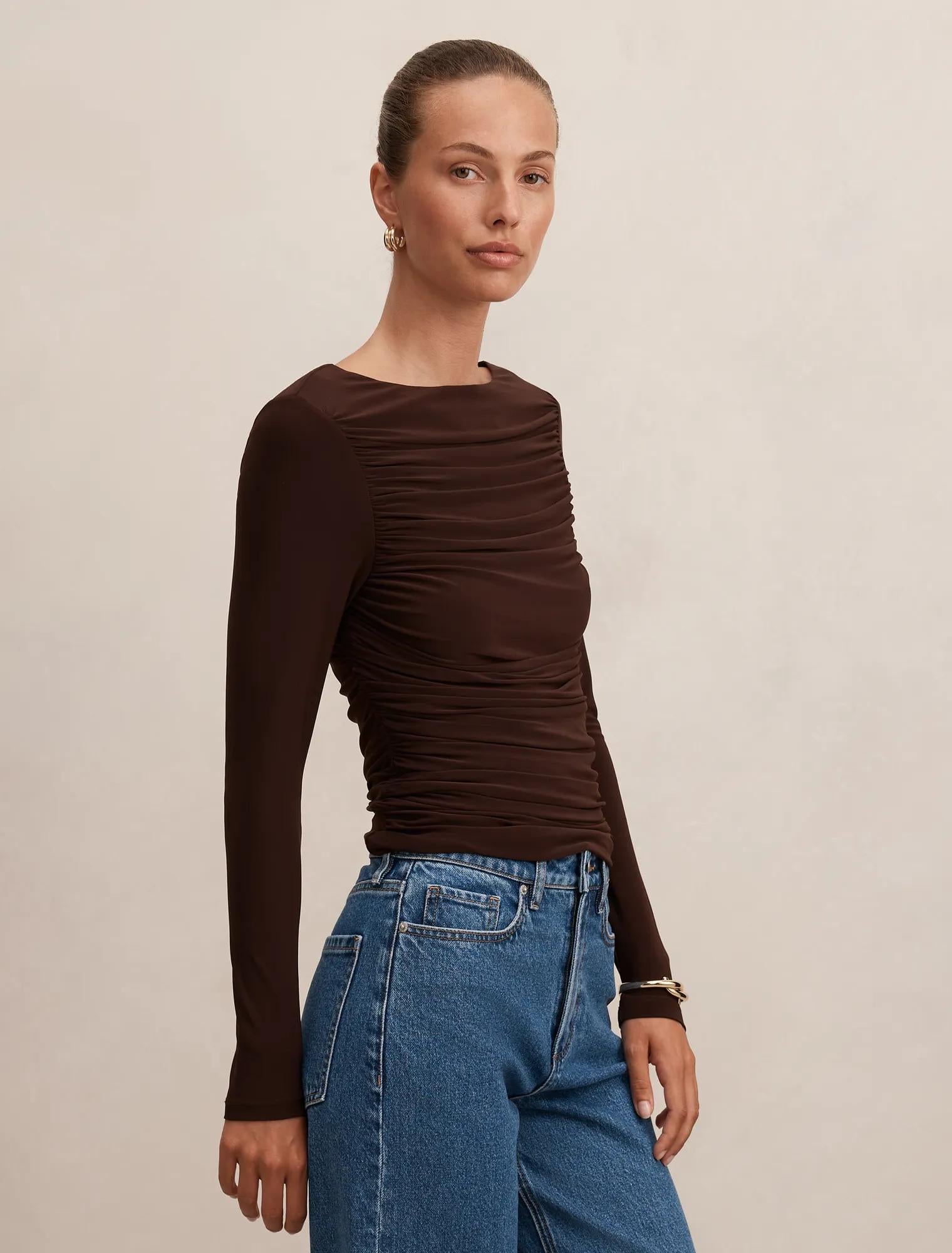 Monica Ruched Boat Neck Top Chocolate