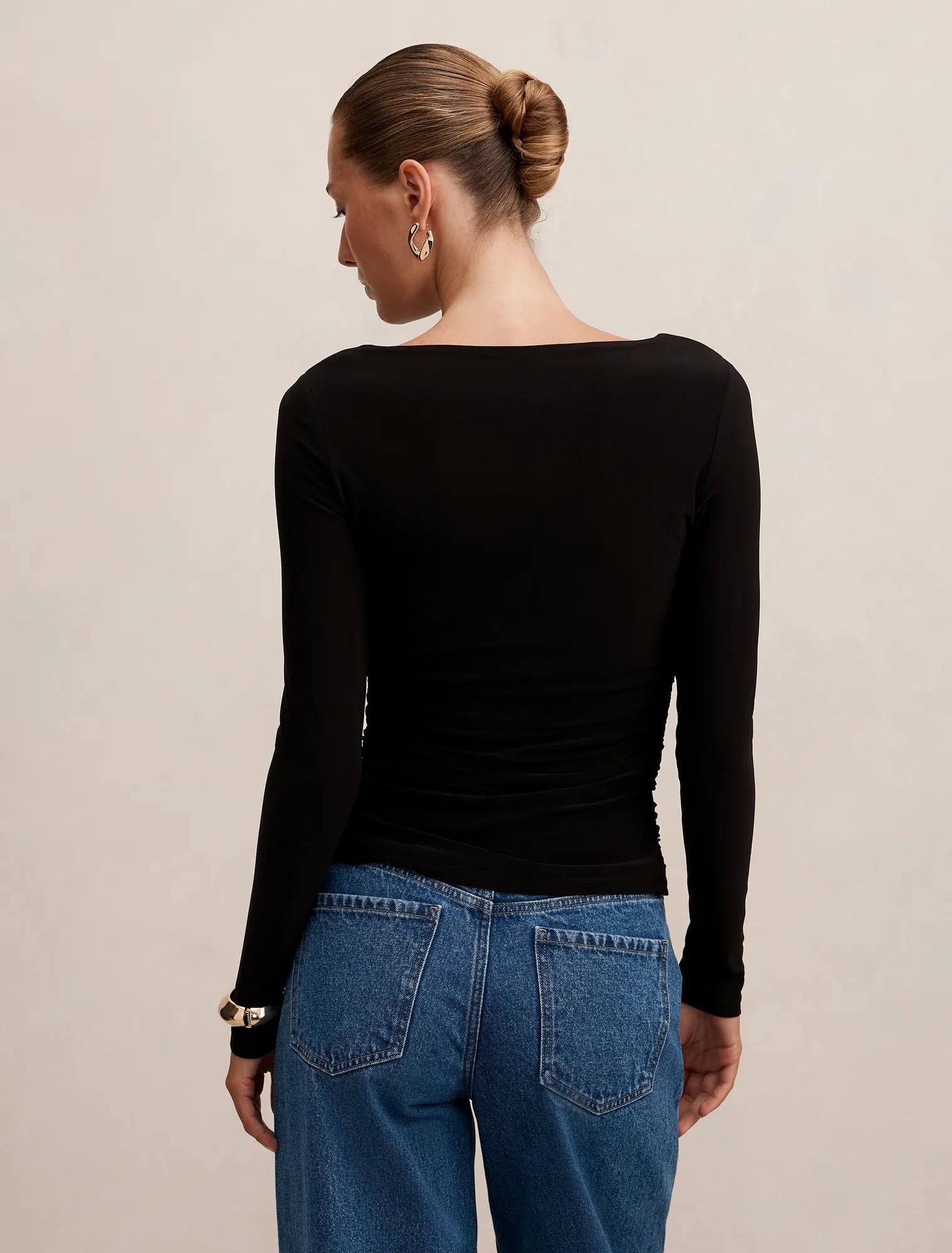 Monica Ruched Boat Neck Top Black