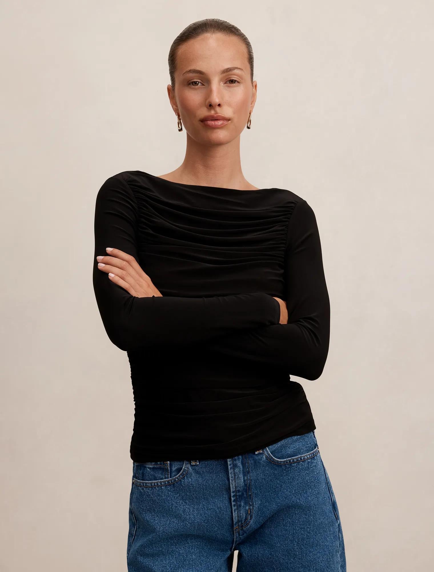 Monica Ruched Boat Neck Top Black