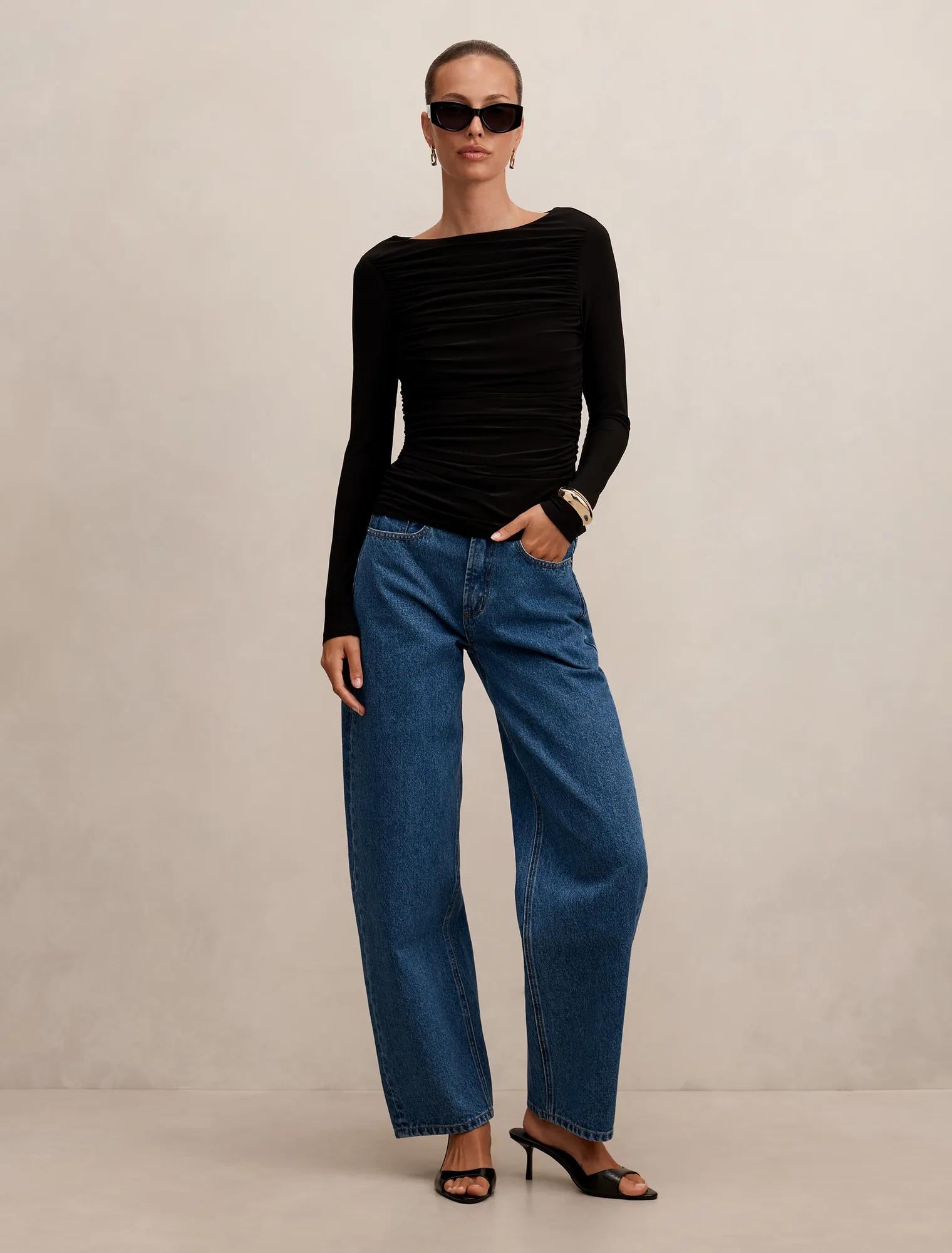 Monica Ruched Boat Neck Top Black
